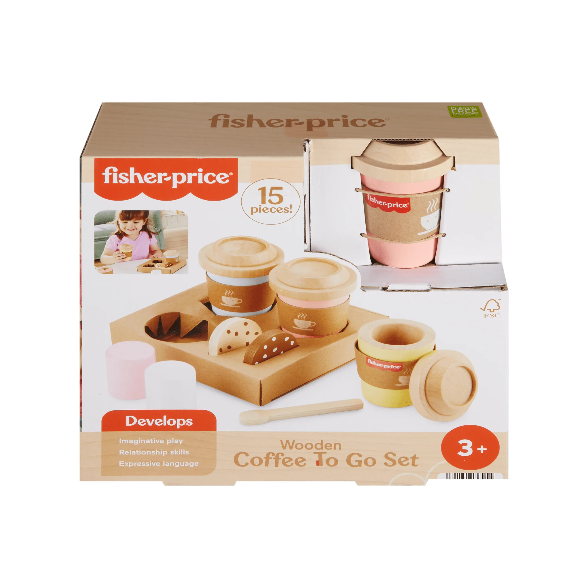 Fisher-Price Wooden Coffee To Go Set, 15-Piece Café Shop Playset Preschool Role-Play - Image 6