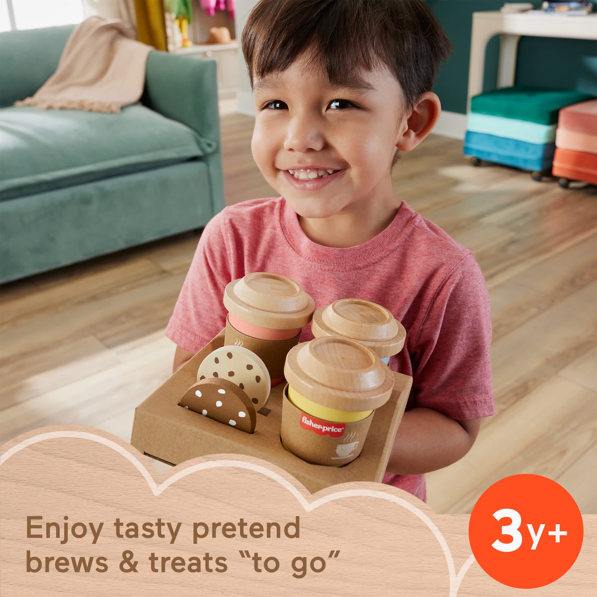 Fisher-Price Wooden Coffee To Go Set, Preschool Café Shop Playset, 15 Wood Pieces - Image 2