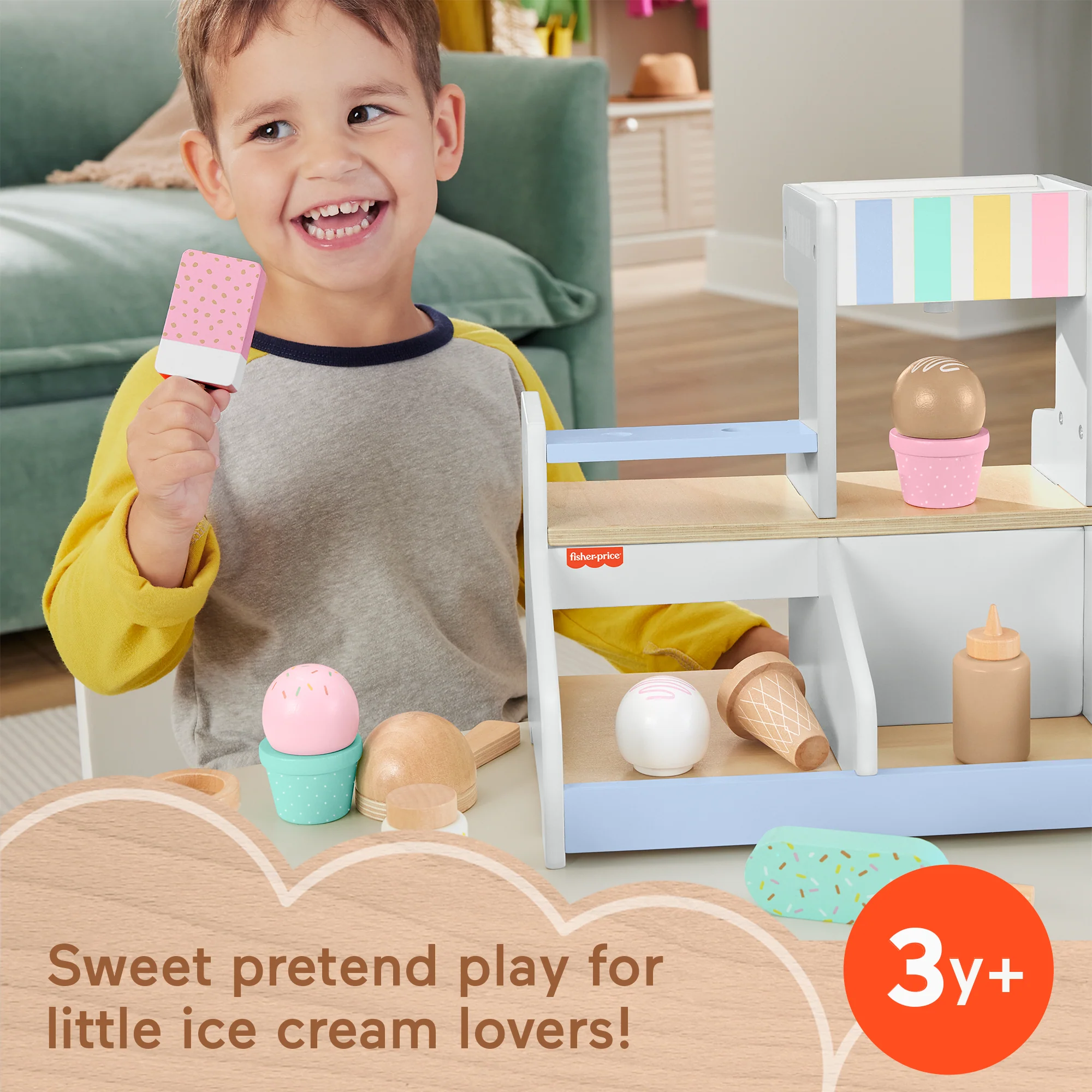 Fisher-Price Wooden Ice Cream Shop Set For Preschool Pretend Play, 18 Wood Pieces - Image 2