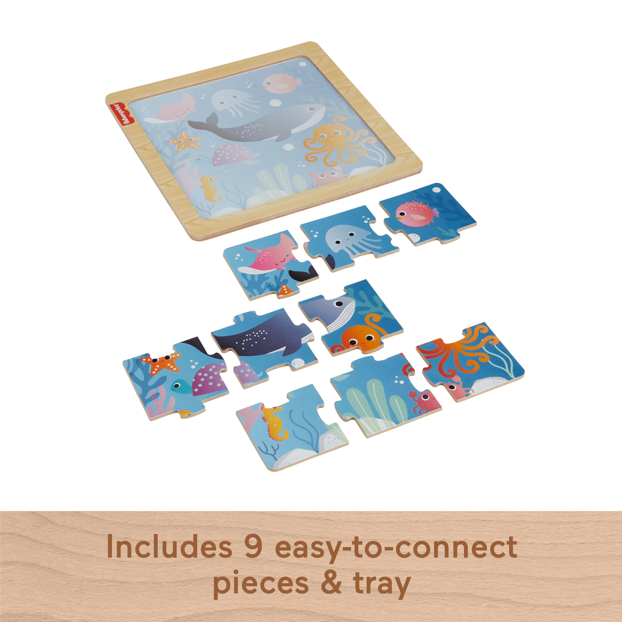 Fisher-Price Wooden Jigsaw Puzzle Ocean Sea Theme For Toddlers & Preschool Kids, 9 Wood Pieces - Image 3