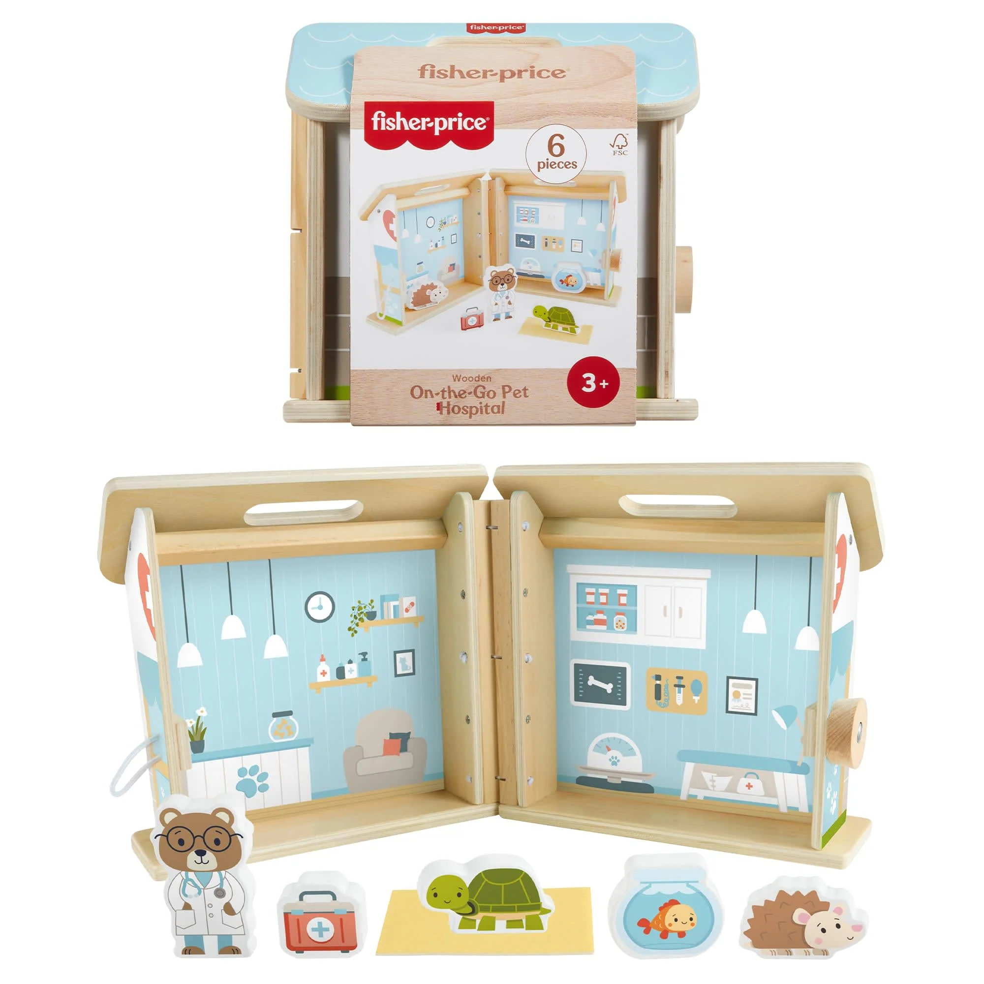 Fisher-Price Wooden On-The-Go Pet Animal Hospital With 6 Play Pieces For Preschool Kids