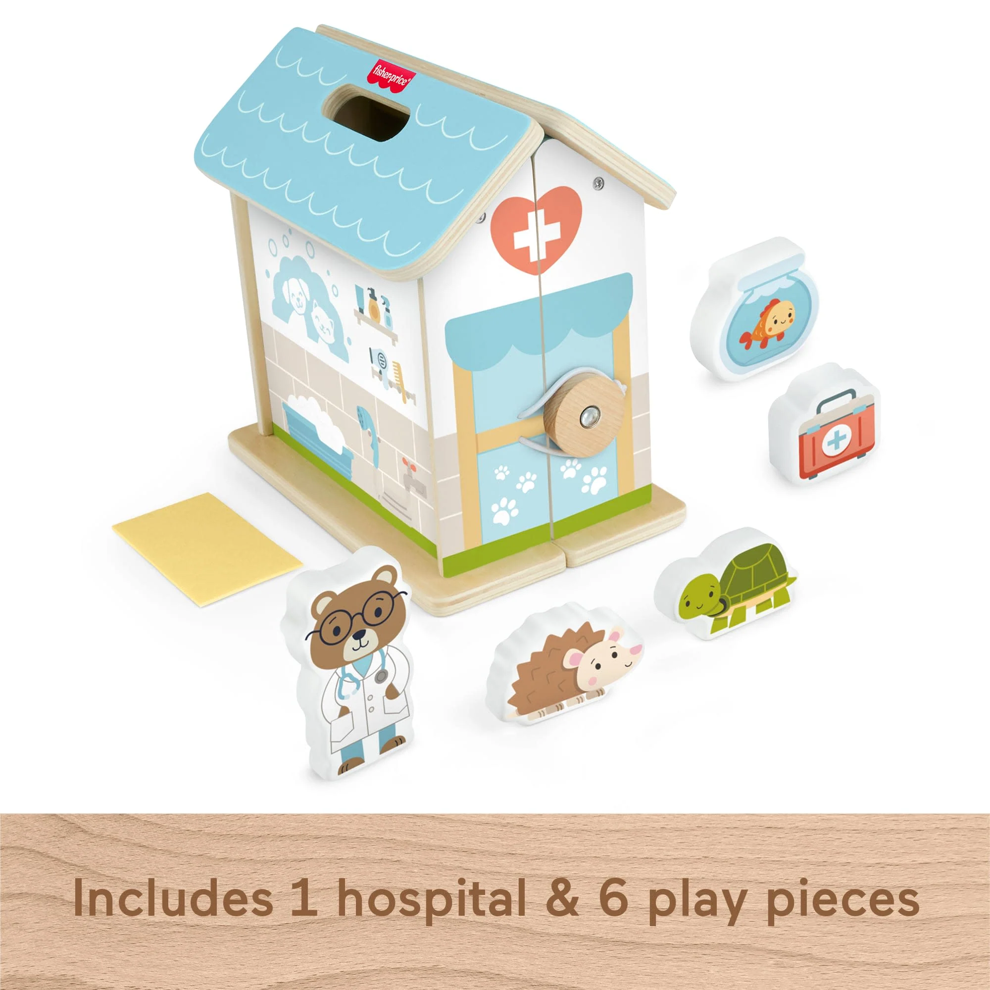 Fisher-Price Wooden On-The-Go Pet Animal Hospital With 6 Play Pieces For Preschool Kids - Image 5