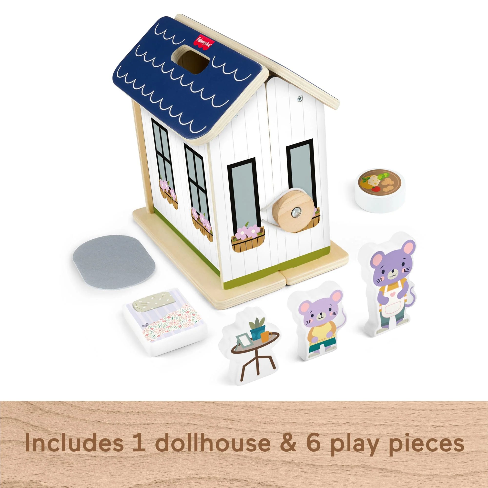 Fisher-Price Wooden On-The-Go Play House Dollhouse With 6 Play Pieces For Preschool Kids - Image 5
