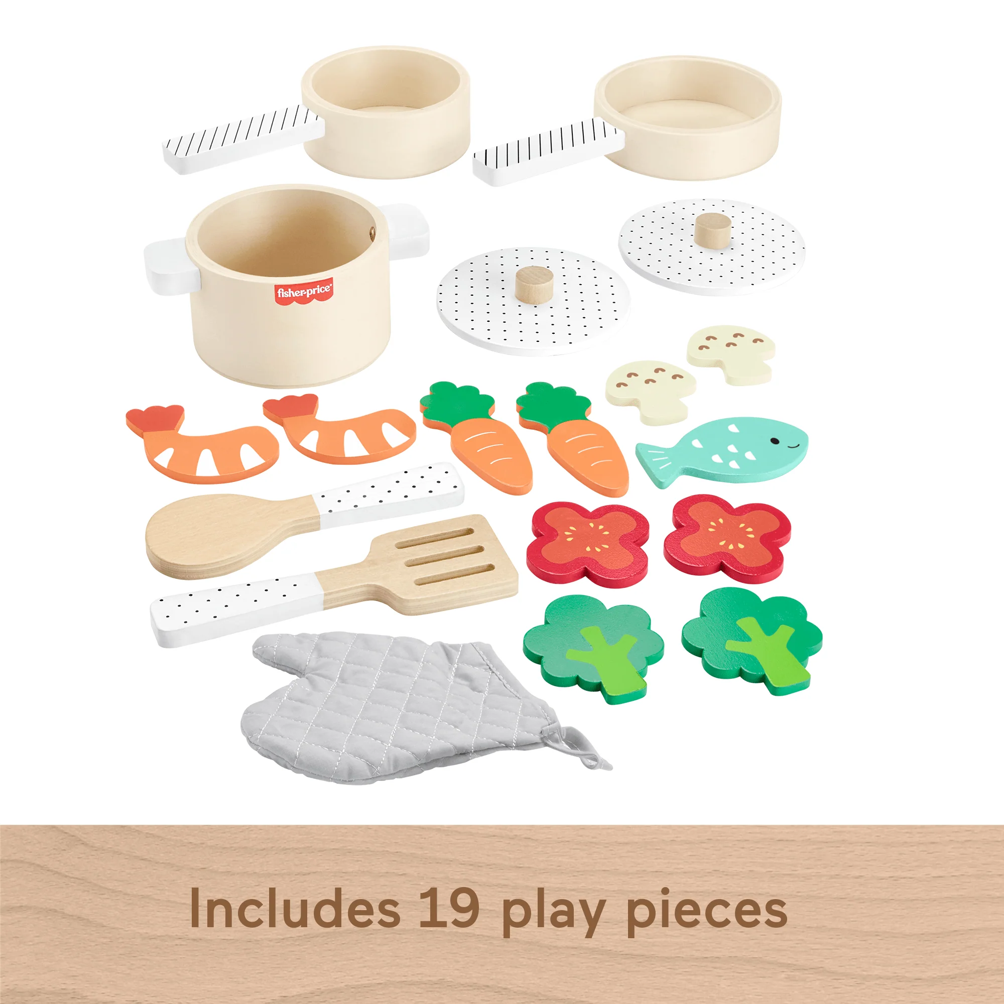 Fisher-Price Wooden Pots & Pans Set For Preschool Kitchen Pretend Play, 19 Wood Pieces - Image 3