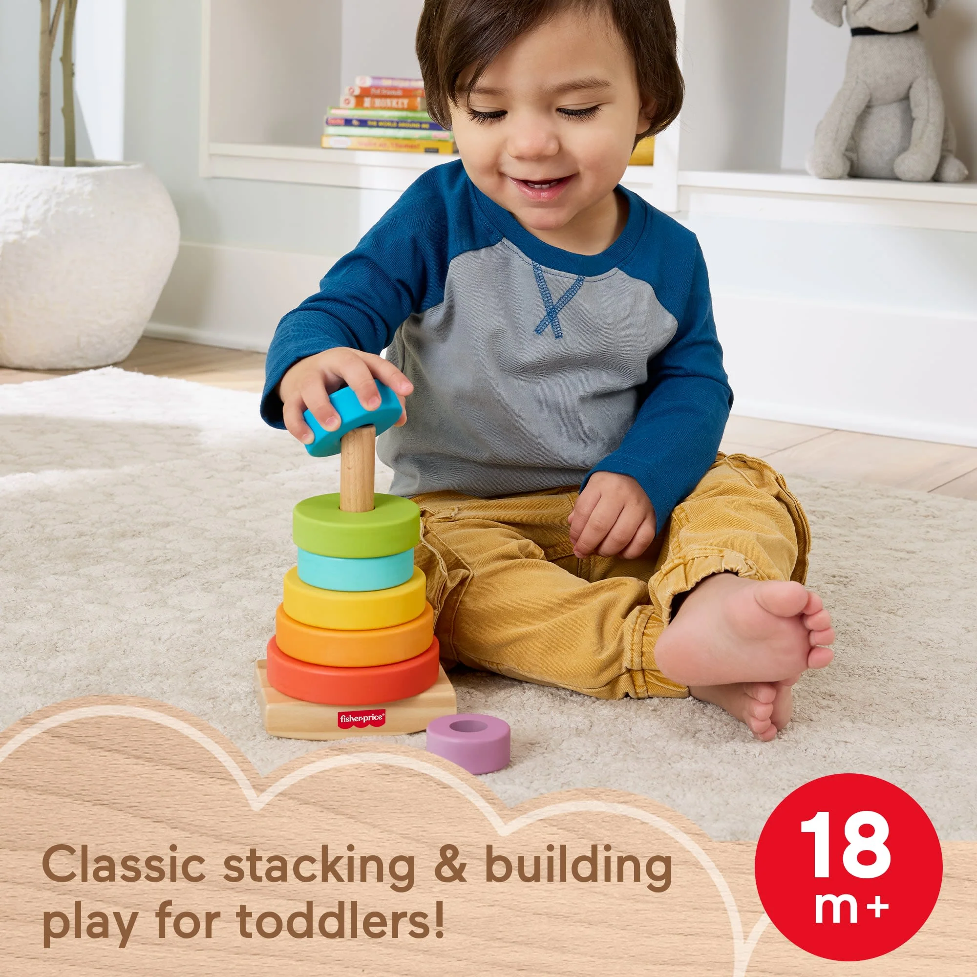 Fisher-Price Wooden Rock-A-Stack, Toddler Ring-Stacking Activity Toy With 8 Wood Pieces - Image 2