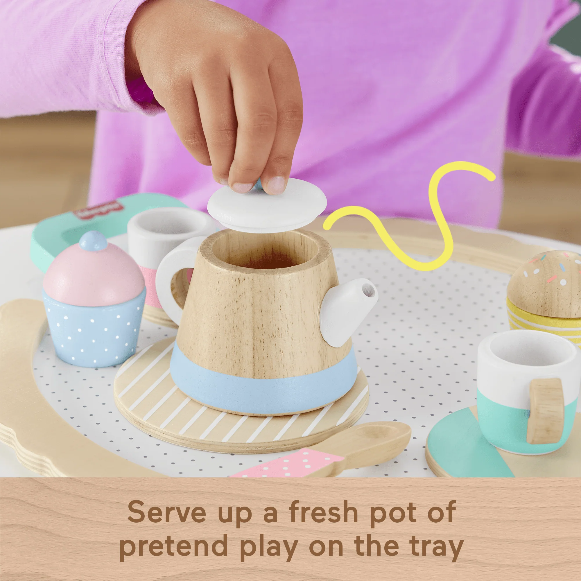 Fisher-Price Wood Pretend Play Toy Tea Set, 12-Piece Wooden Playset With Teapot, Cups & Saucers For Preschool Kids Ages 3+ Years - Image 4
