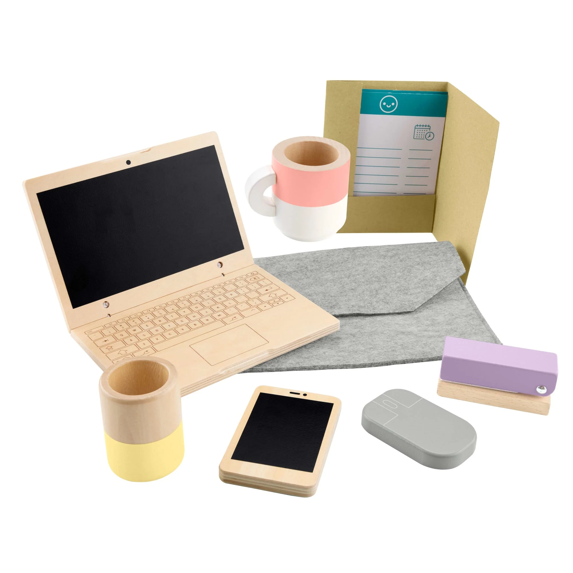 Fisher-Price Wood Pretend Play Work From Home Set, 9-Piece Office Playset With Wooden Toy Laptop & Phone For Preschool Kids Ages 3+ Years - Image 4