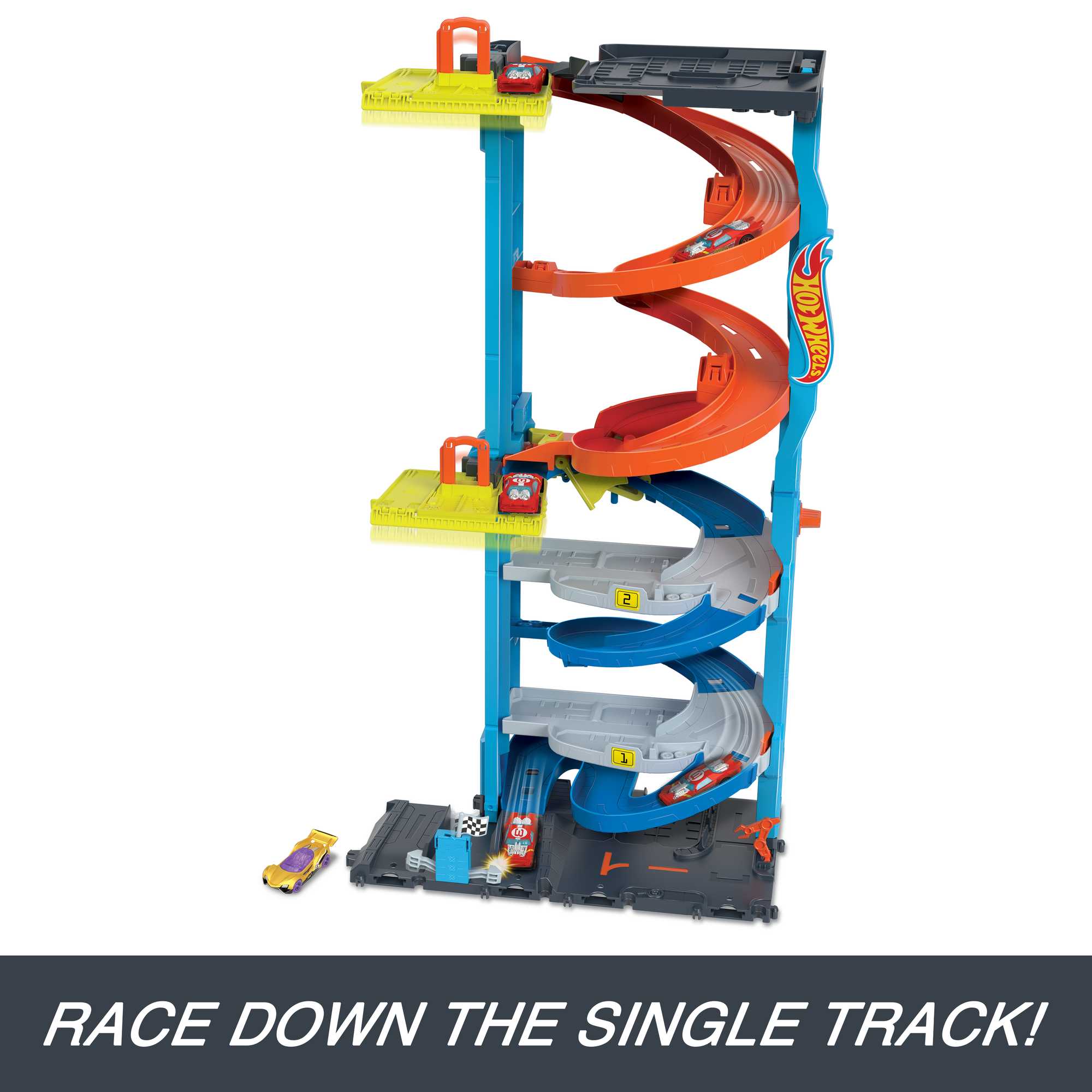 Hot Wheels City Track Set With 1 Toy Car, Transforming Race Tower Playset - Image 5