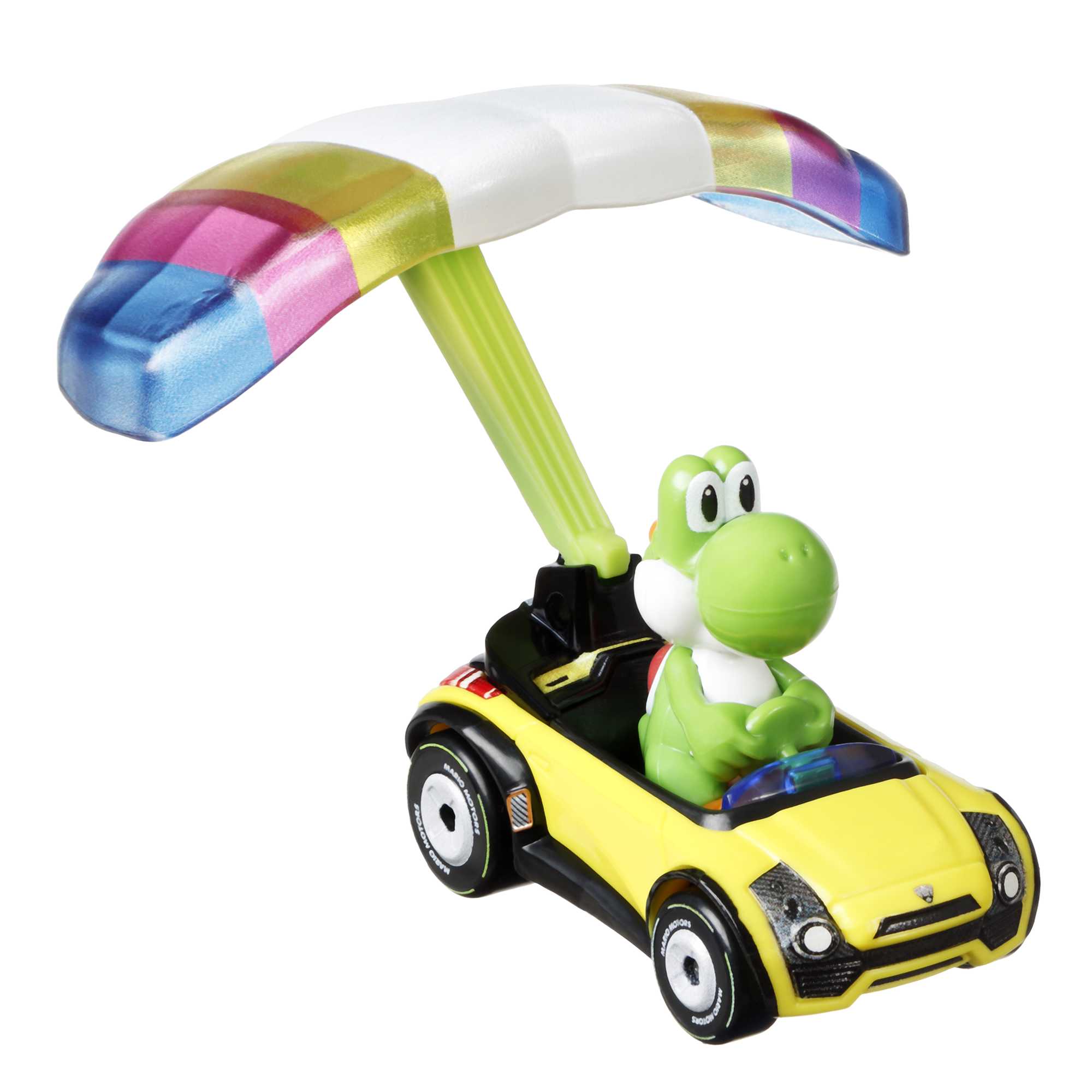Hot Wheels Mario Kart Vehículo de Juguete Yoshi Sports Coupe con Paracaídas