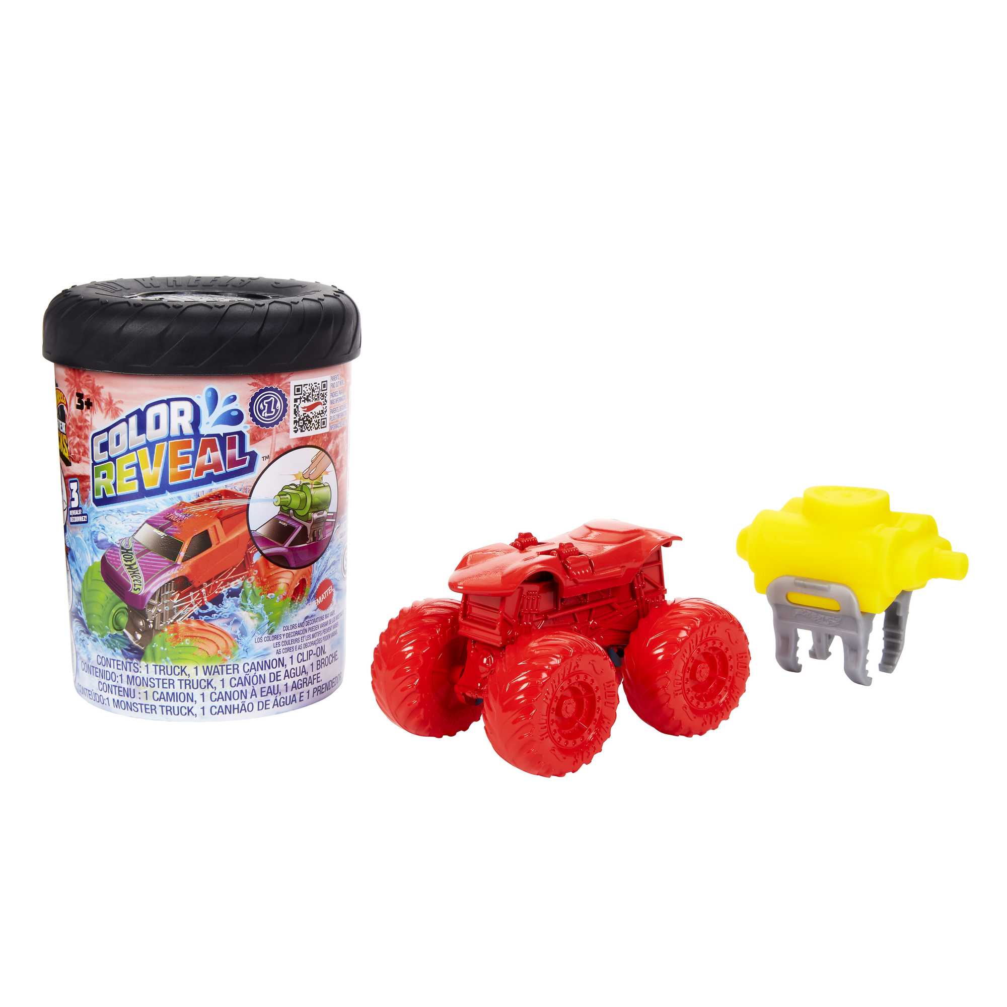 Hot Wheels Monster Trucks Color Reveal Truck, 1:64 Scale Color- Shifting Toy Truck With 2 Cups, Lid & Crushed Car Water Blaster