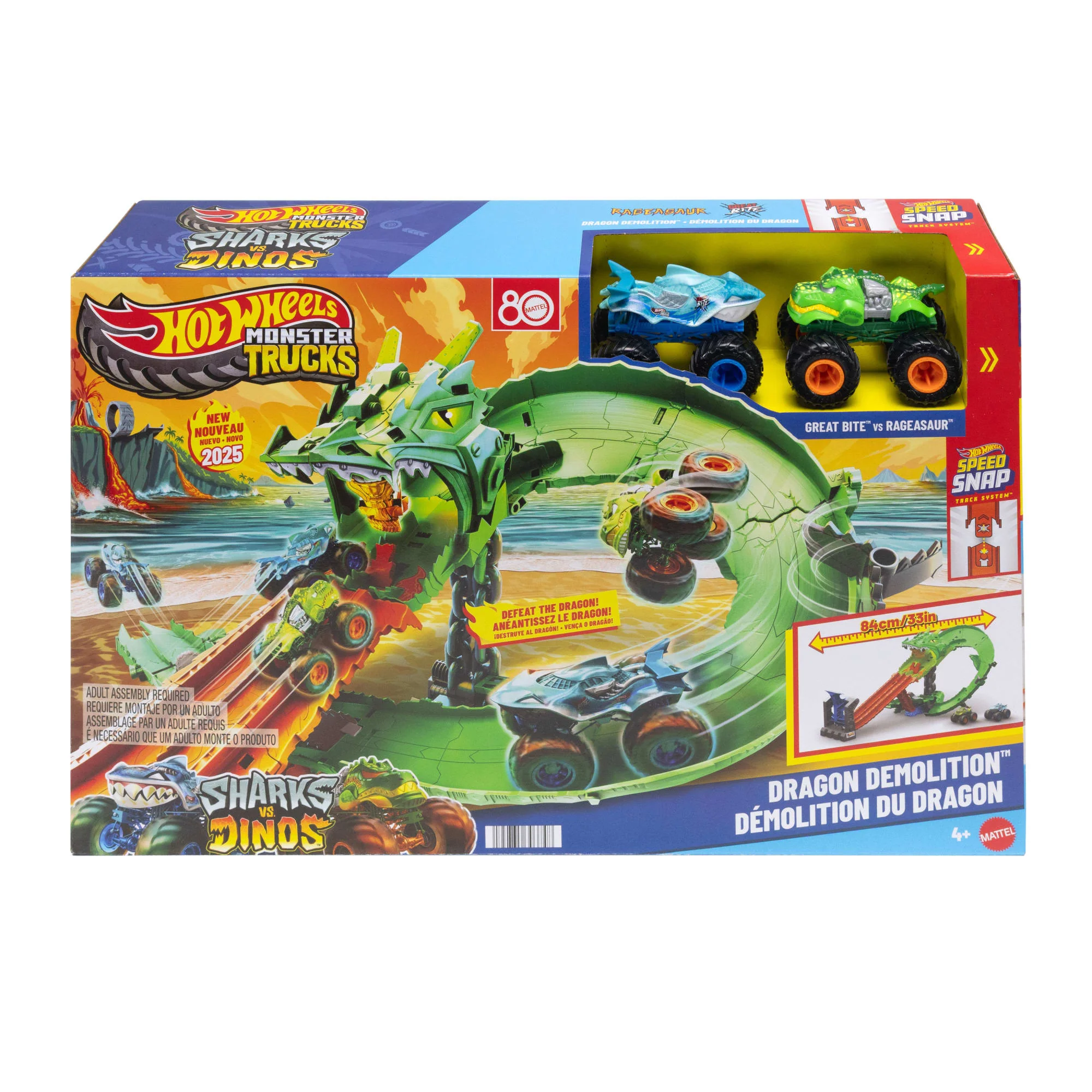 Hot Wheels Monster Trucks Sharks vs Dinos Dragon Destruction Playset & 2 Toy Trucks - Image 6