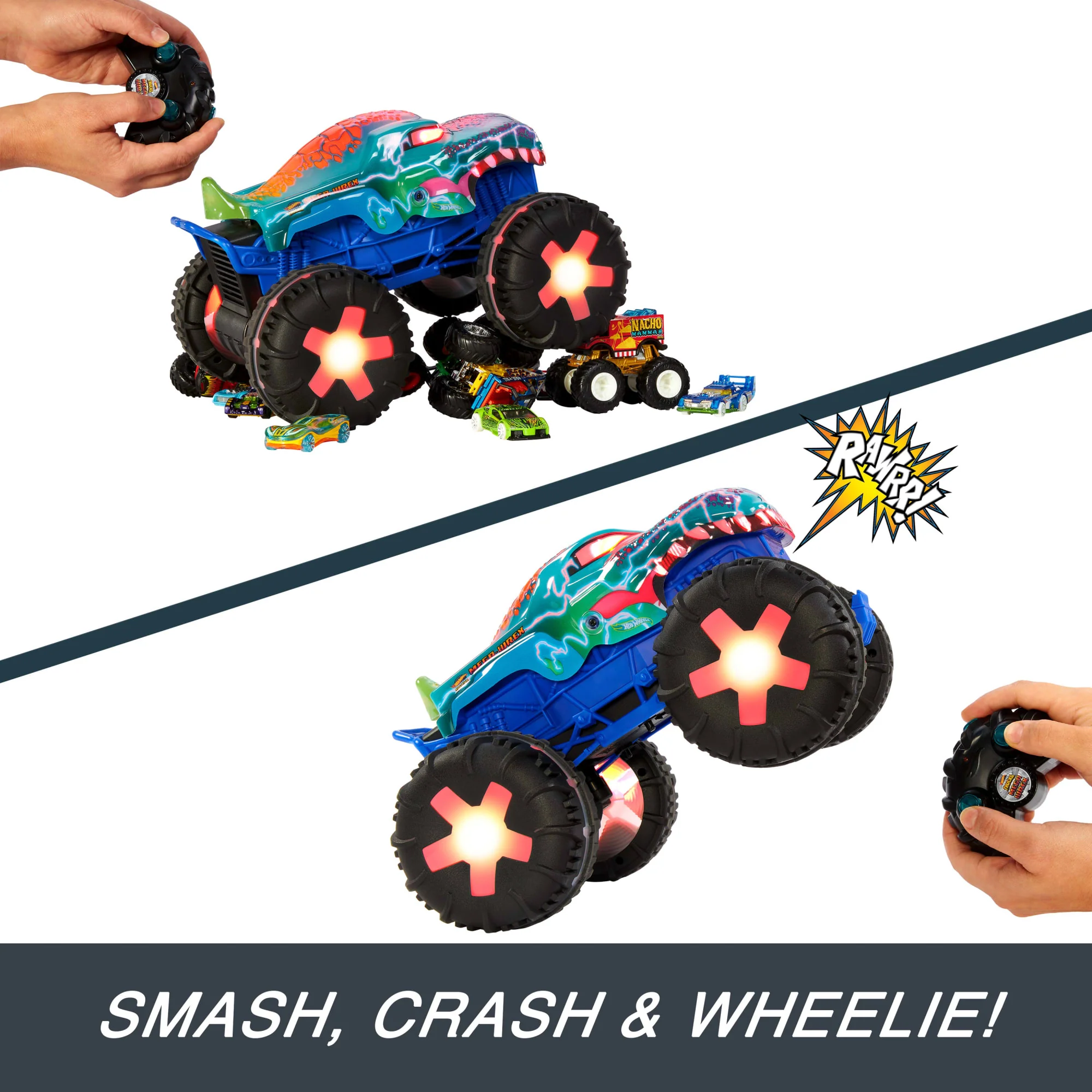 Hot Wheels Monster Trucks 1:15 Scale MEGA-Wrex Alive Remote-Control Vehicle, Battery-Powered RC With Interactive Lights & Sounds - Image 4