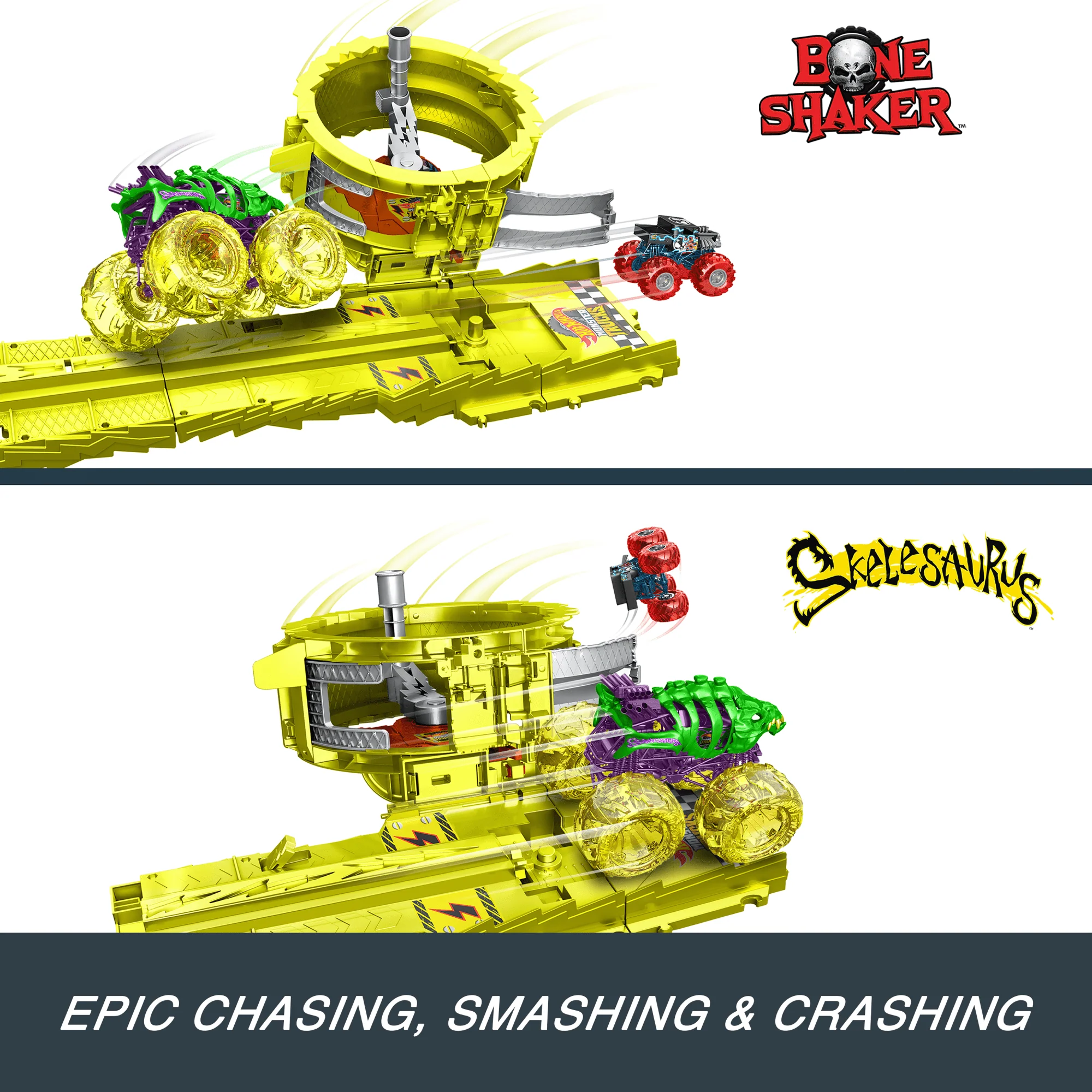 Hot Wheels Monster Trucks Power Smashers Charge & Chase Challenge Track Set With Oversized Skelesaurus, 1:64 Scale Bone Shaker & 2 Crushed Cars - Image 5