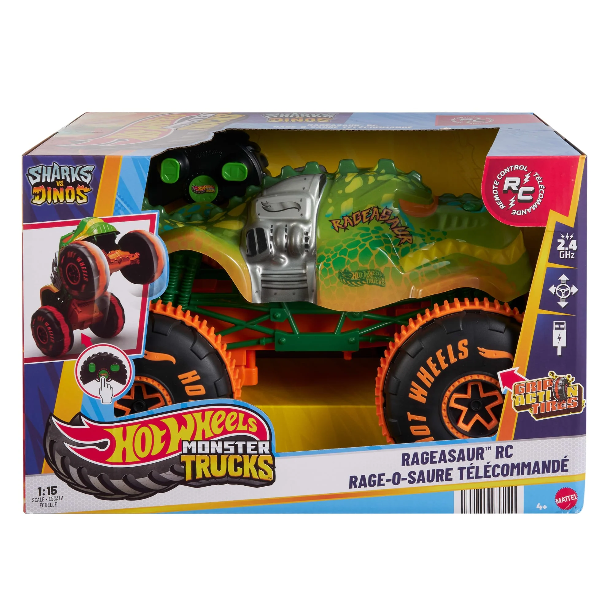 Hot Wheels Monster Trucks RC Rageasaur, Battery-Powered Remote-Control Toy Truck in 1:15 Scale - Image 5