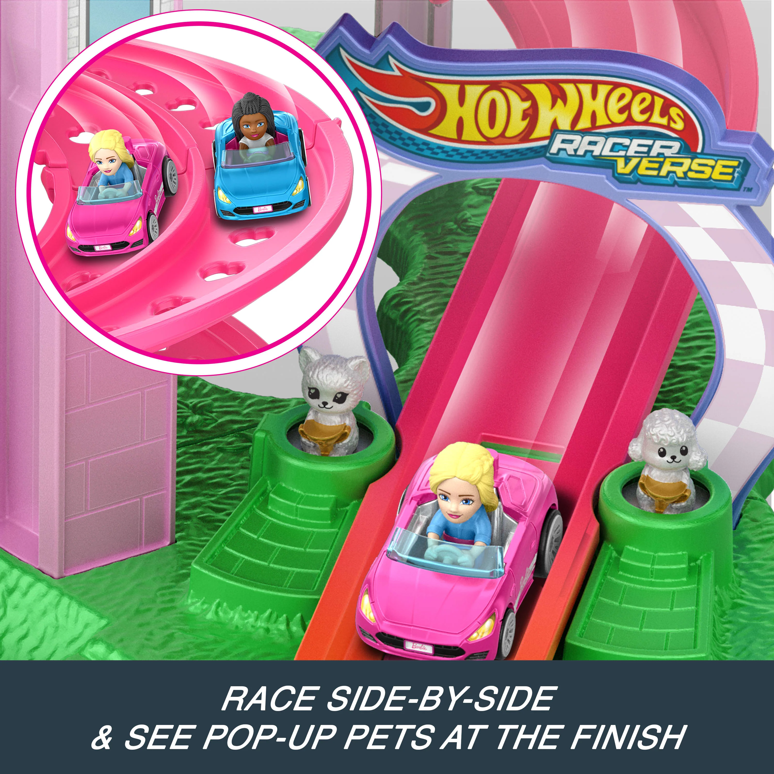 Hot Wheels Racerverse Barbie Spiral Race Track Set With Barbie “Malibu” & Barbie “Brooklyn” Toy Cars - Image 3