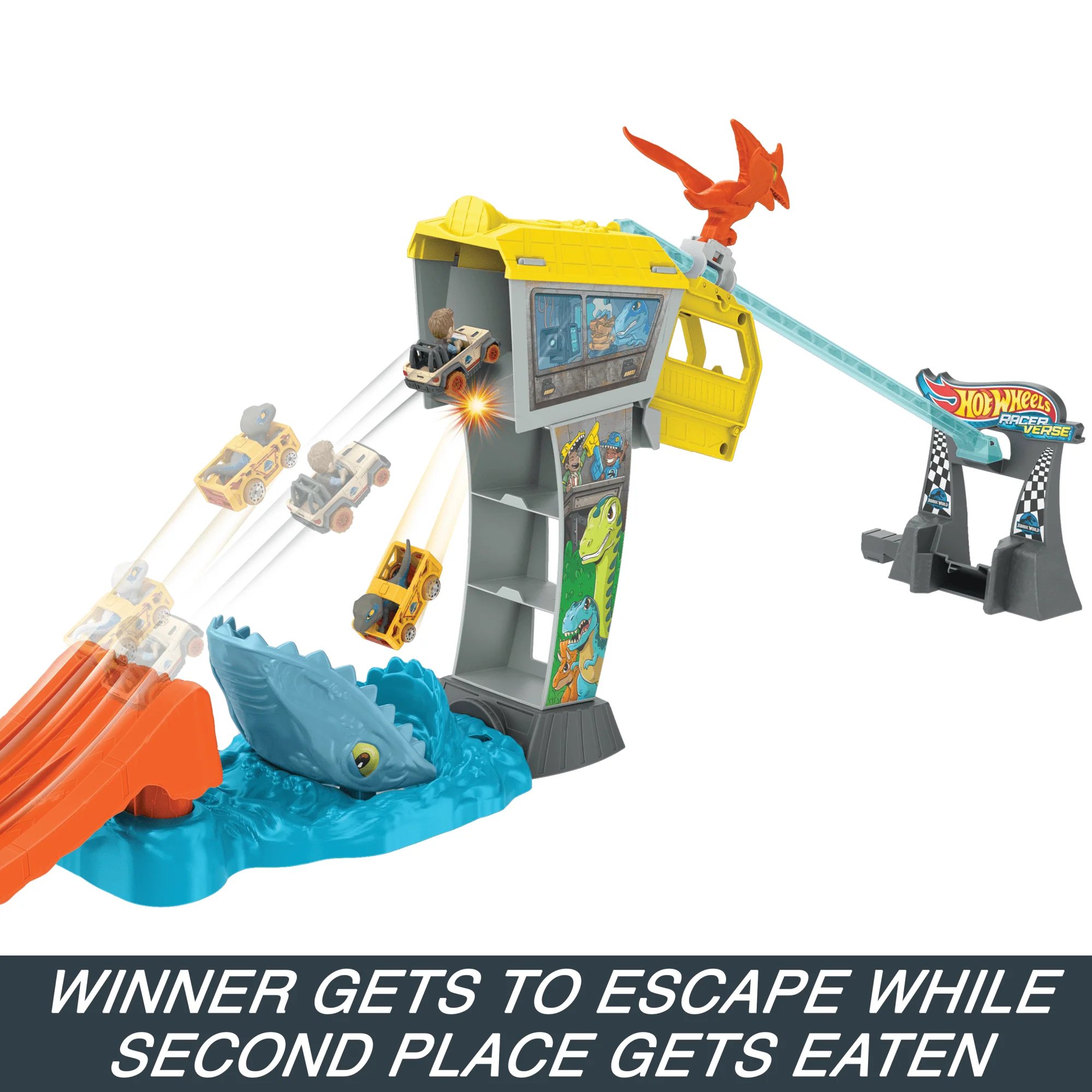 Hot Wheels Racerverse Jurassic World Blue’s Raptor Rush Track Set With 2 Toy Die-Cast Vehicles - Image 4