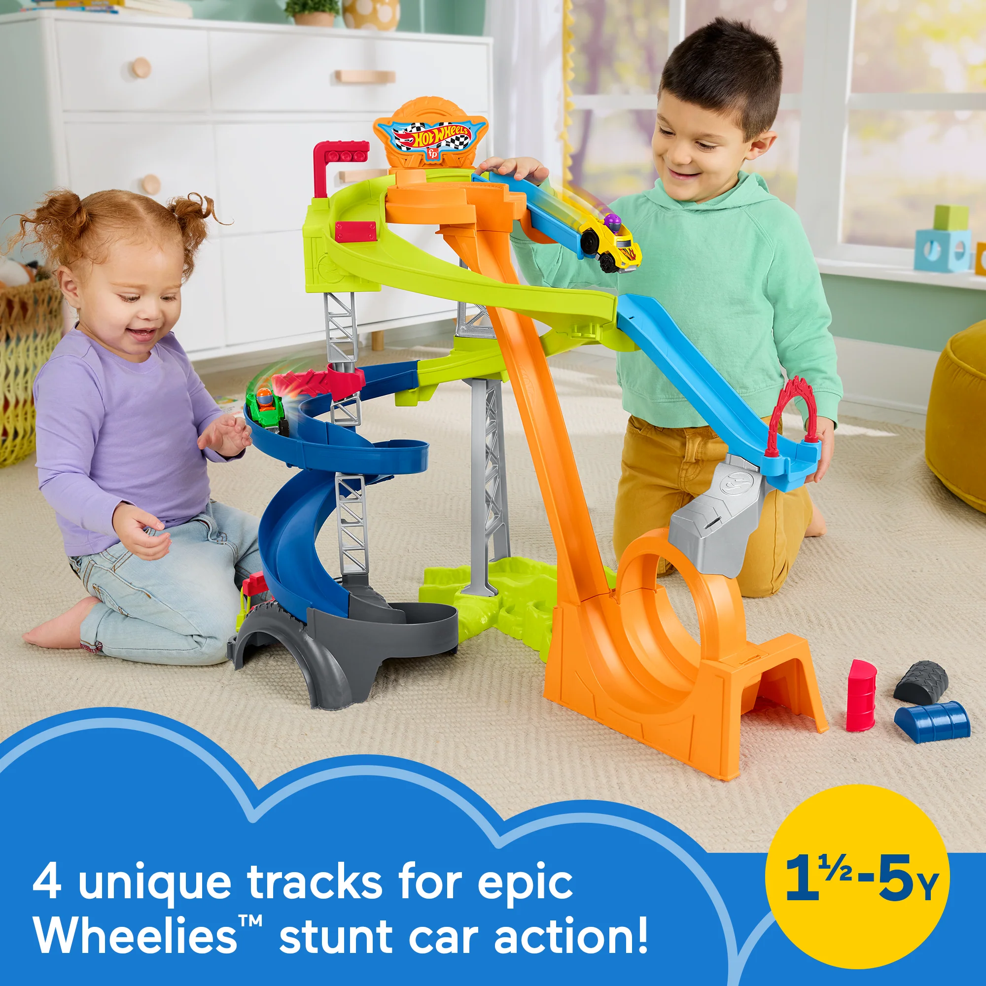 Little People Hot Wheels Spiral Stunt Speedway Toddler Race Track Playset, 2 Toy Cars - Image 2