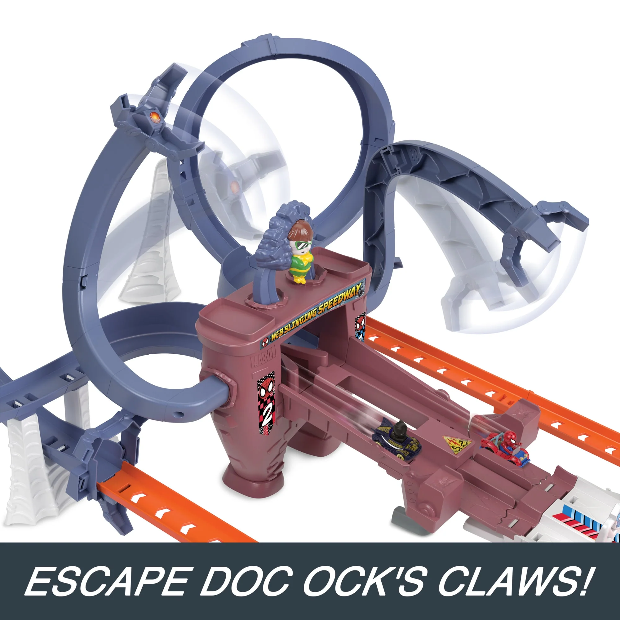 Hot Wheels Racerverse Spider-Man's Web-Slinging Speedway Track Set With 2 Hot Wheels Racers - Image 4