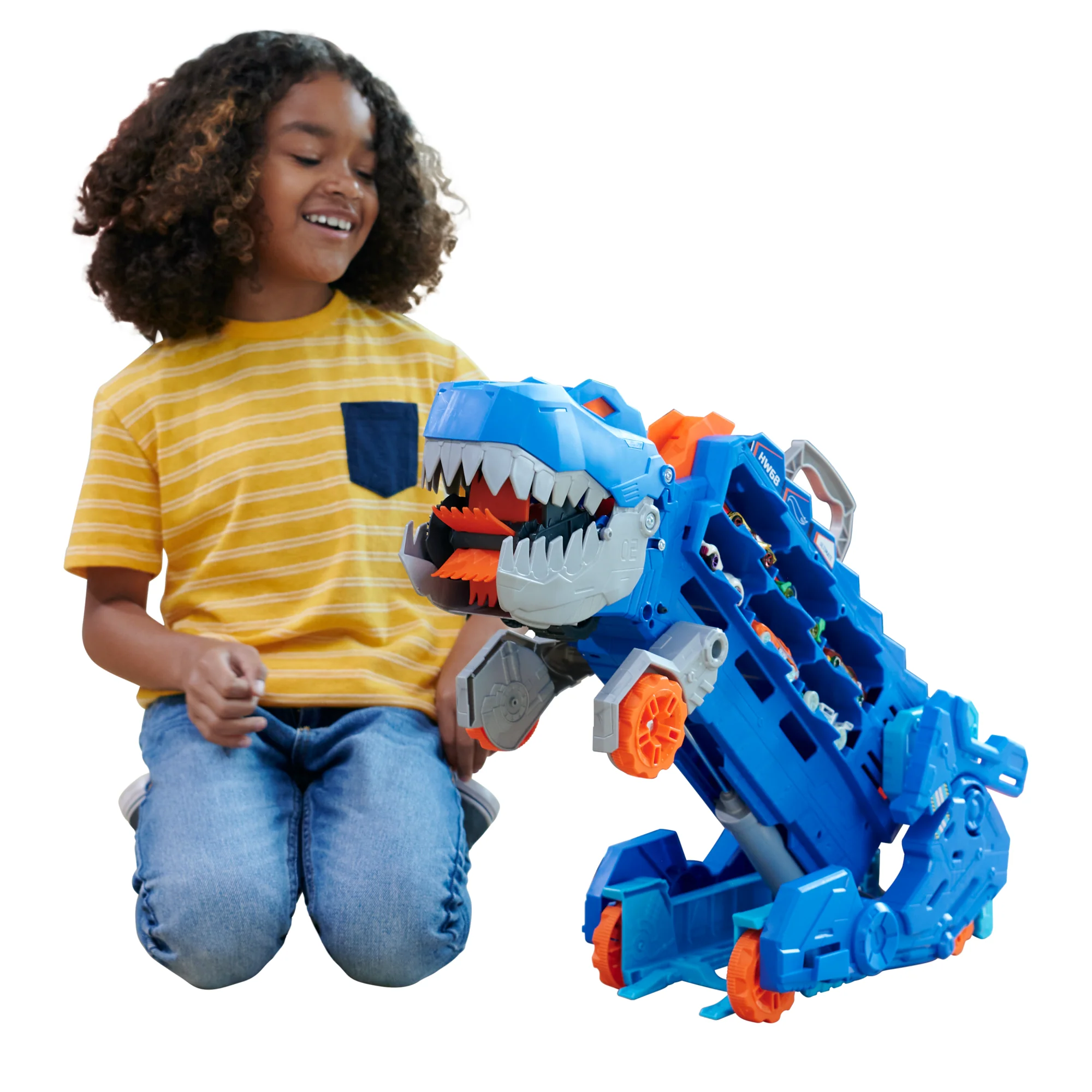 Hot Wheels City Ultimate T-Rex Transporter, Hauler Transforms Into A Dino, Featured in “Let's Race”