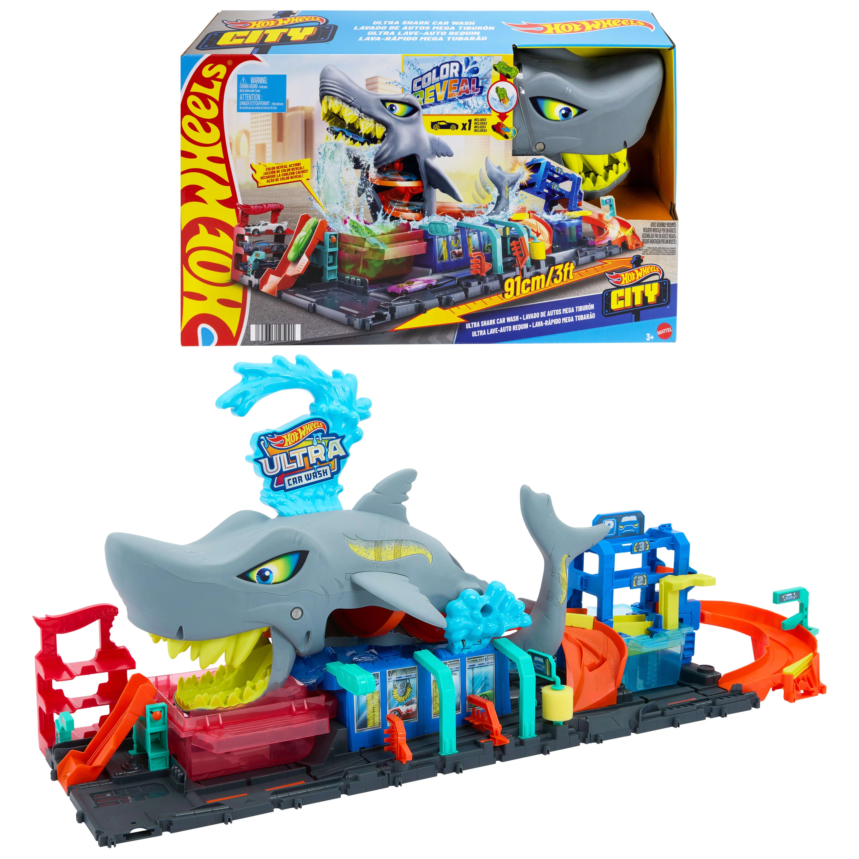 Hot Wheels City Ultra Shark Car Wash With Color Reveal Toy Car Featured in “Let's Race”