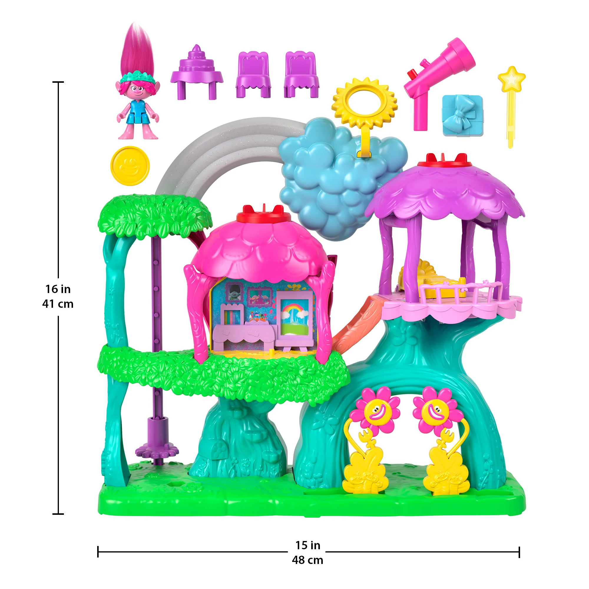 Imaginext Dreamworks Trolls Lights & Sounds Rainbow Treehouse Playset With Poppy, 7 Pieces - Image 5