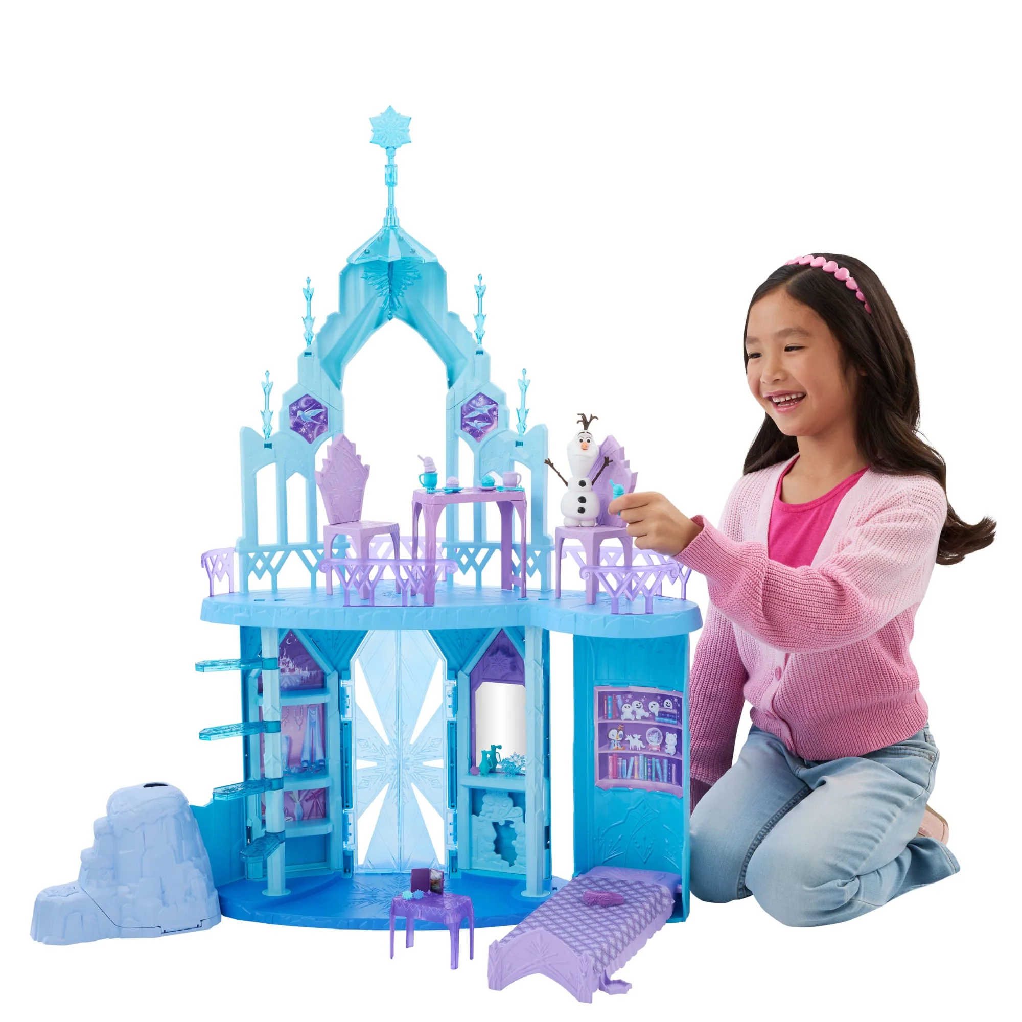 Coffret de Jeu Palais de Glace D’Elsa Inspiré du Film La Reine des Neiges de Disney Avec Figurine Olaf, 5Espaces de Jeu et 21Accessoires