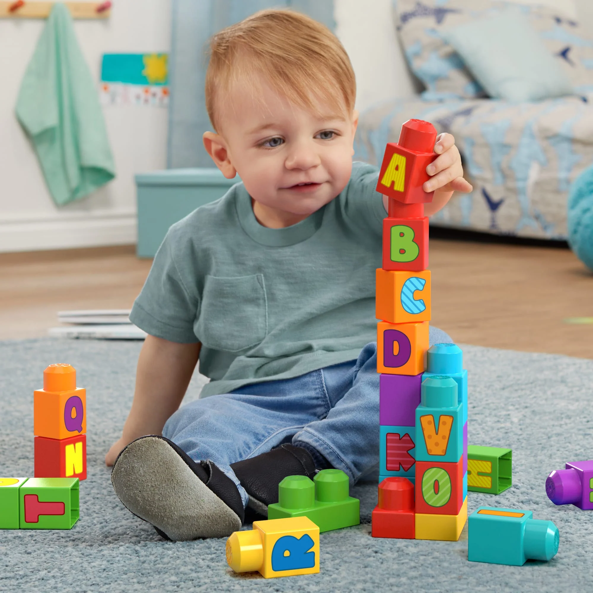 MEGA Bloks Fisher-Price ABC Building Bag Block Toy With Storage (30 Pieces) For Toddler - Image 2