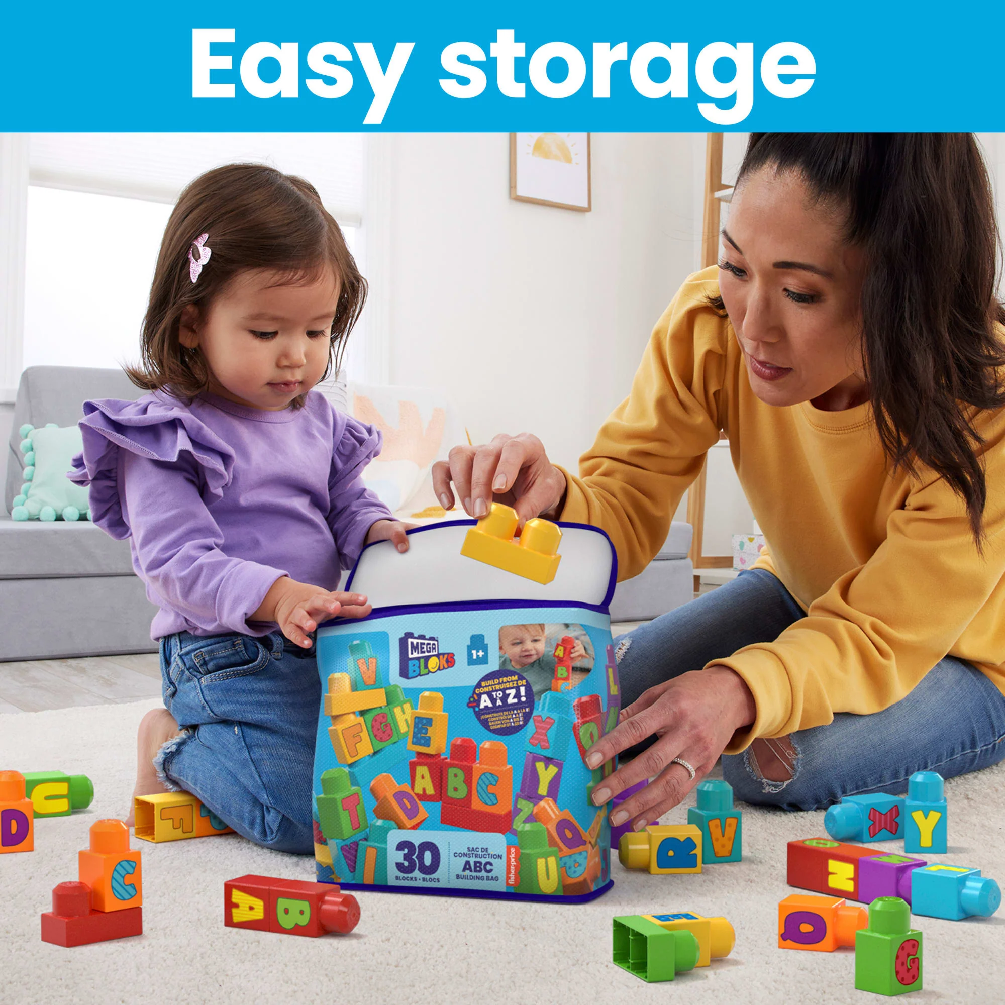 MEGA Bloks Fisher-Price ABC Building Bag Block Toy With Storage (30 Pieces) For Toddler - Image 6