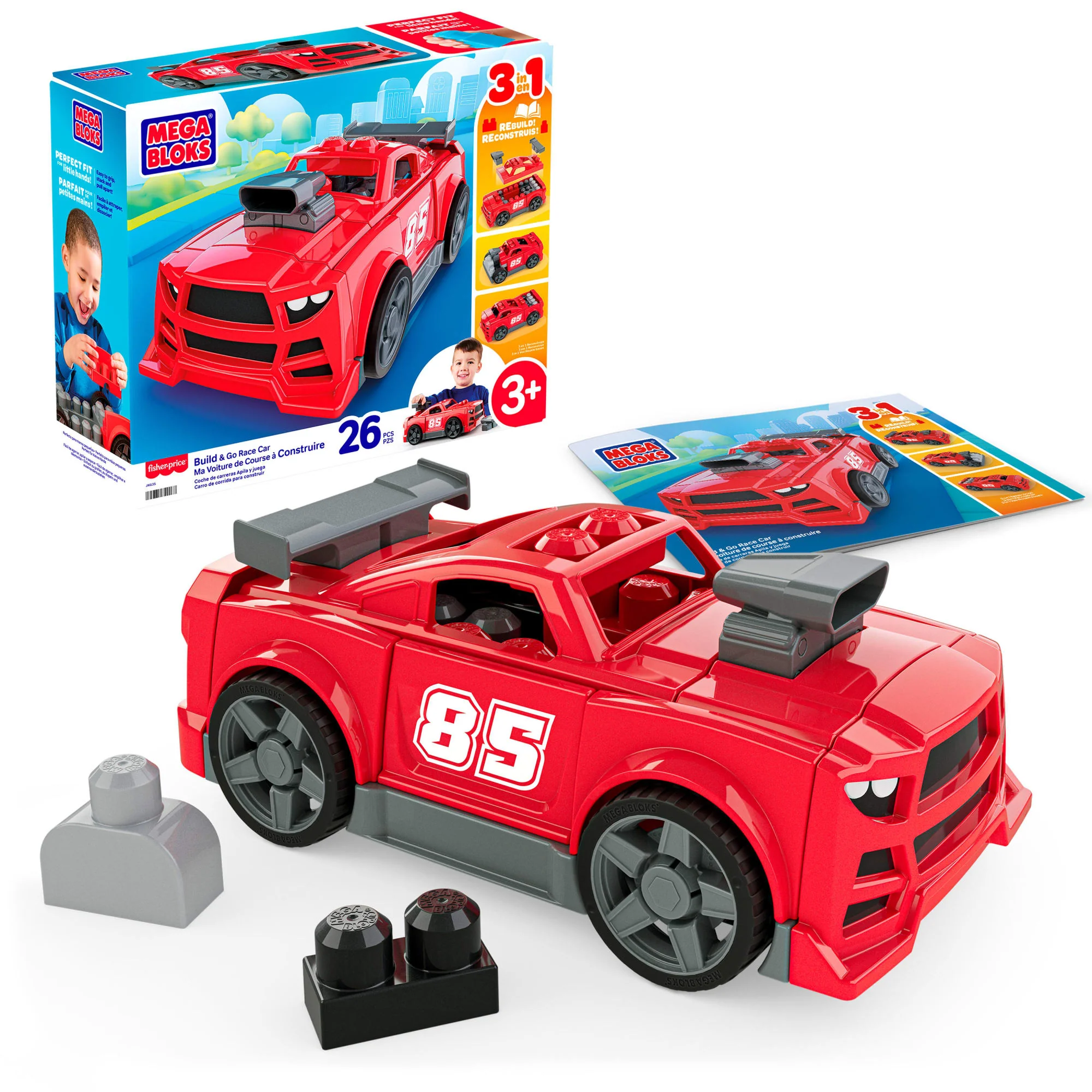 Mega Bloks Juguete de Construcción 3 en 1 Auto Arma y Acelera