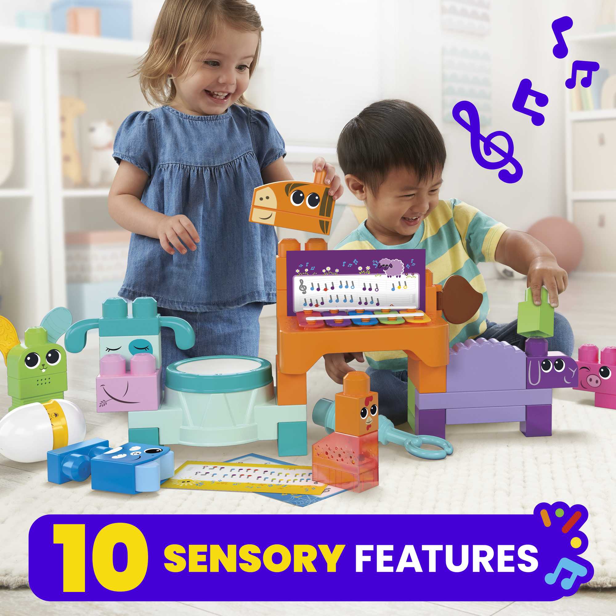 MEGA Bloks Fisher Price Musical Farm Band Sensory Block Toy (45 Pieces) For Toddler - Image 2