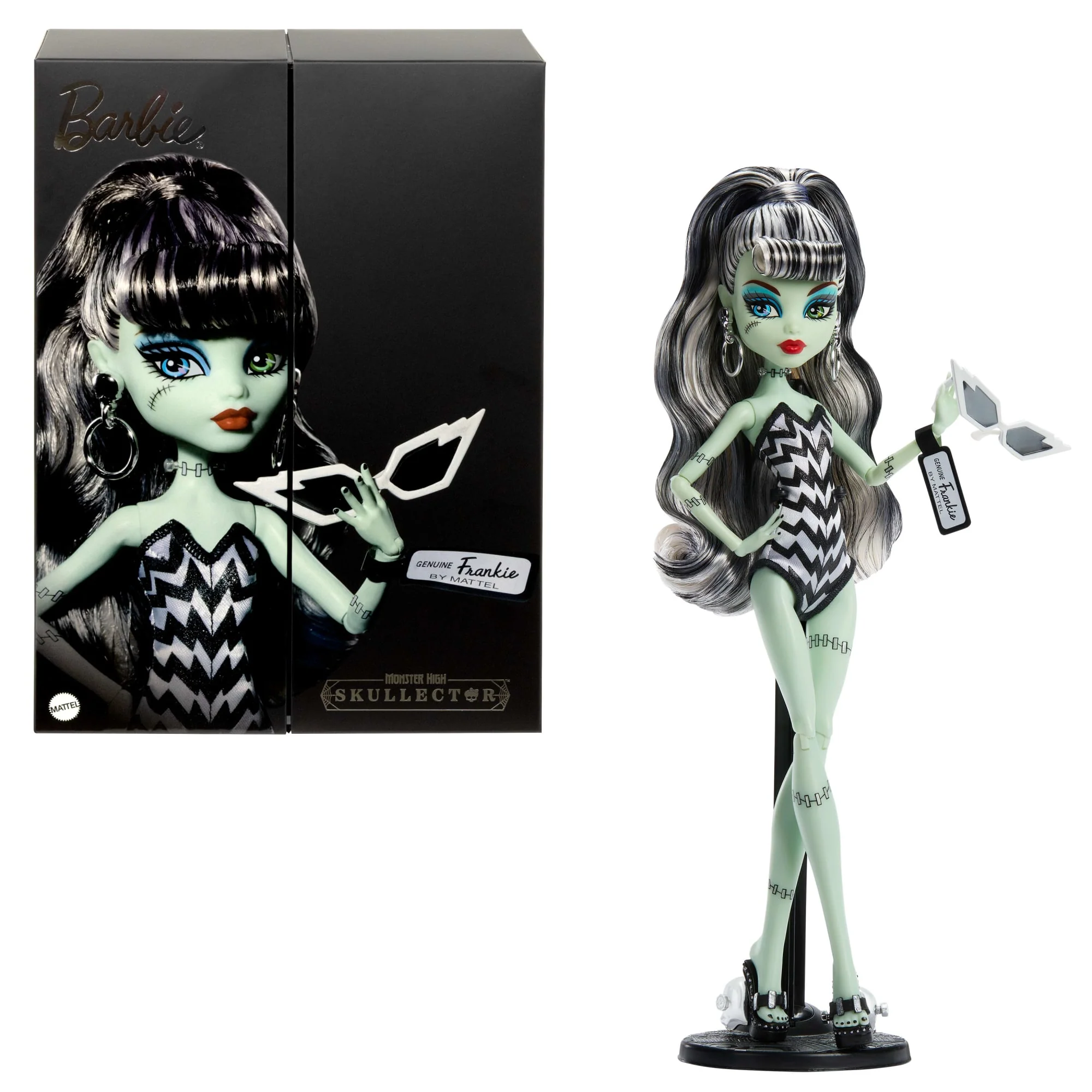 Monster High X Barbie Doll, Frankie Stein With Original Barbie Swimsuit, Black Dress And Accessories