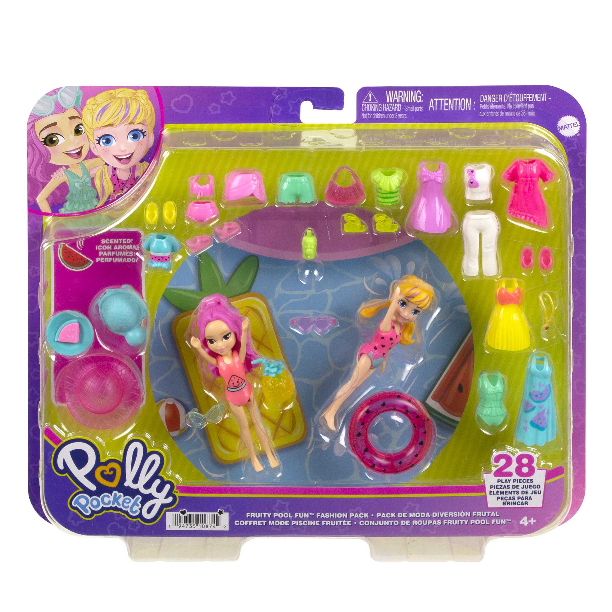 Polly Pocket 2 Dolls And 25 Accessories, Watermelon-Scented Fruity Pool Fun Fashion Pack - Image 6
