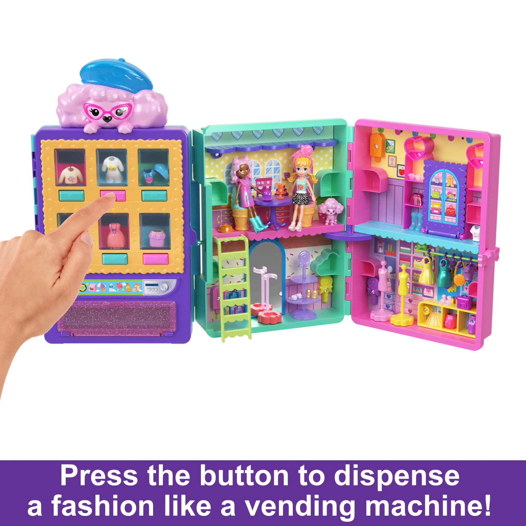 Polly Pocket Candy Style Fashion Drop Playset With 2 Dolls (3-inch), Vending Machine, 35+ Accessories - Image 4