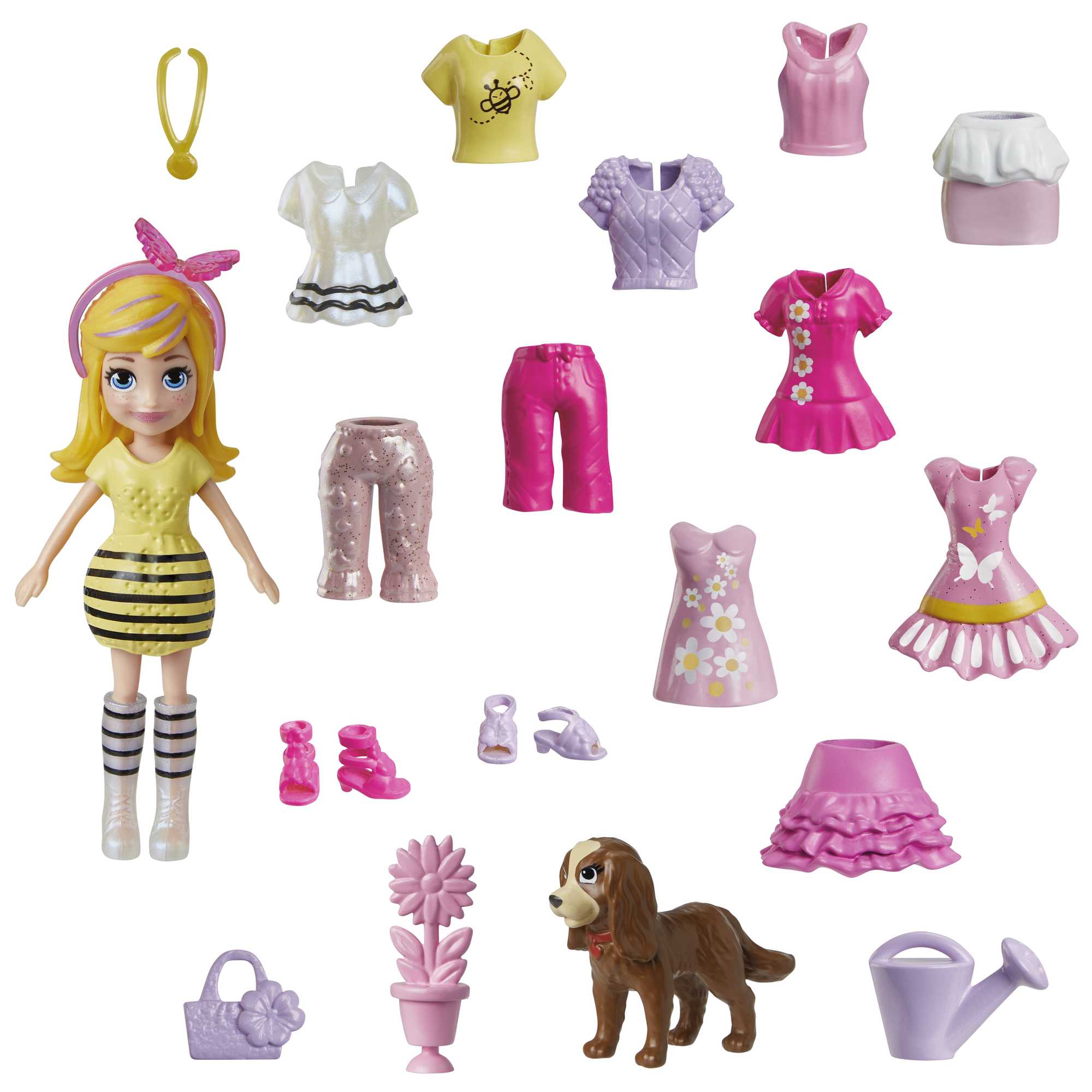 Polly Pocket Coffret Poupée et 18 Accessoires, Chiot et Thème Floral