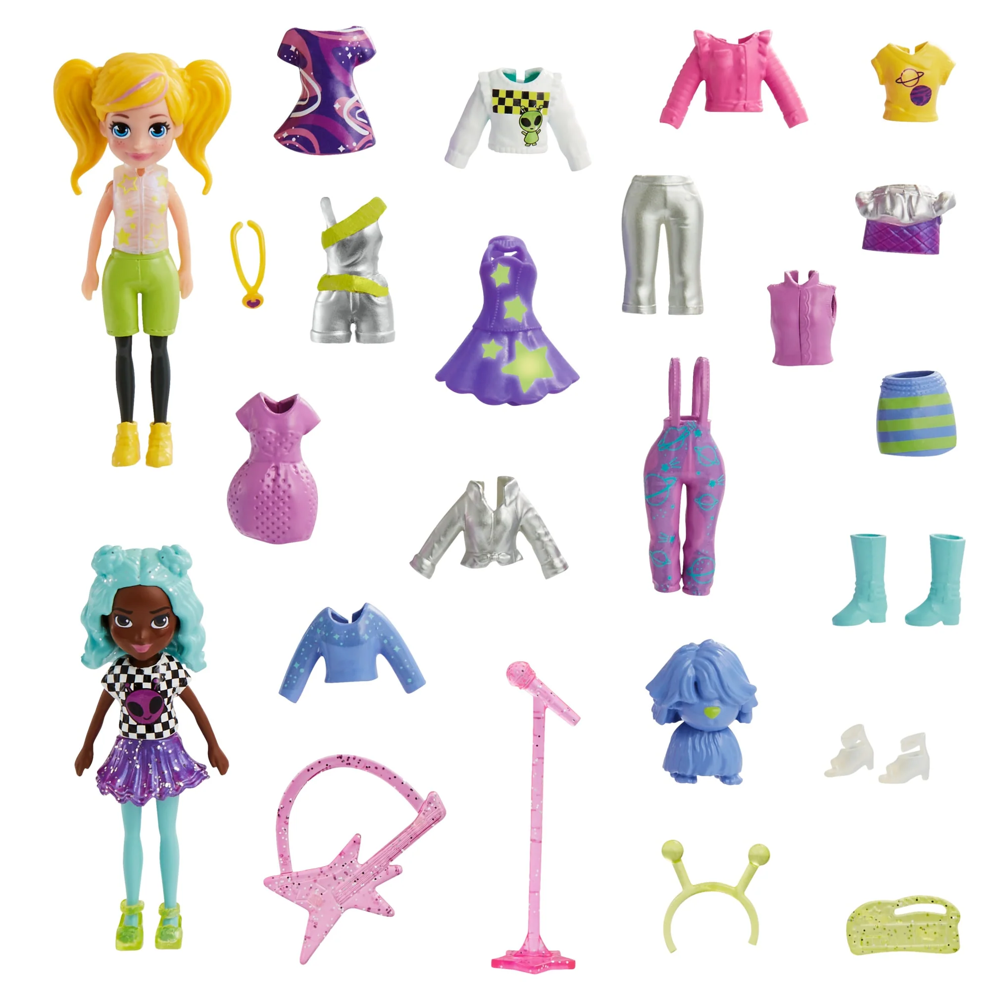Polly Pocket 2 Poupées et 25 Accessoires Pop Star, Phosphorescent