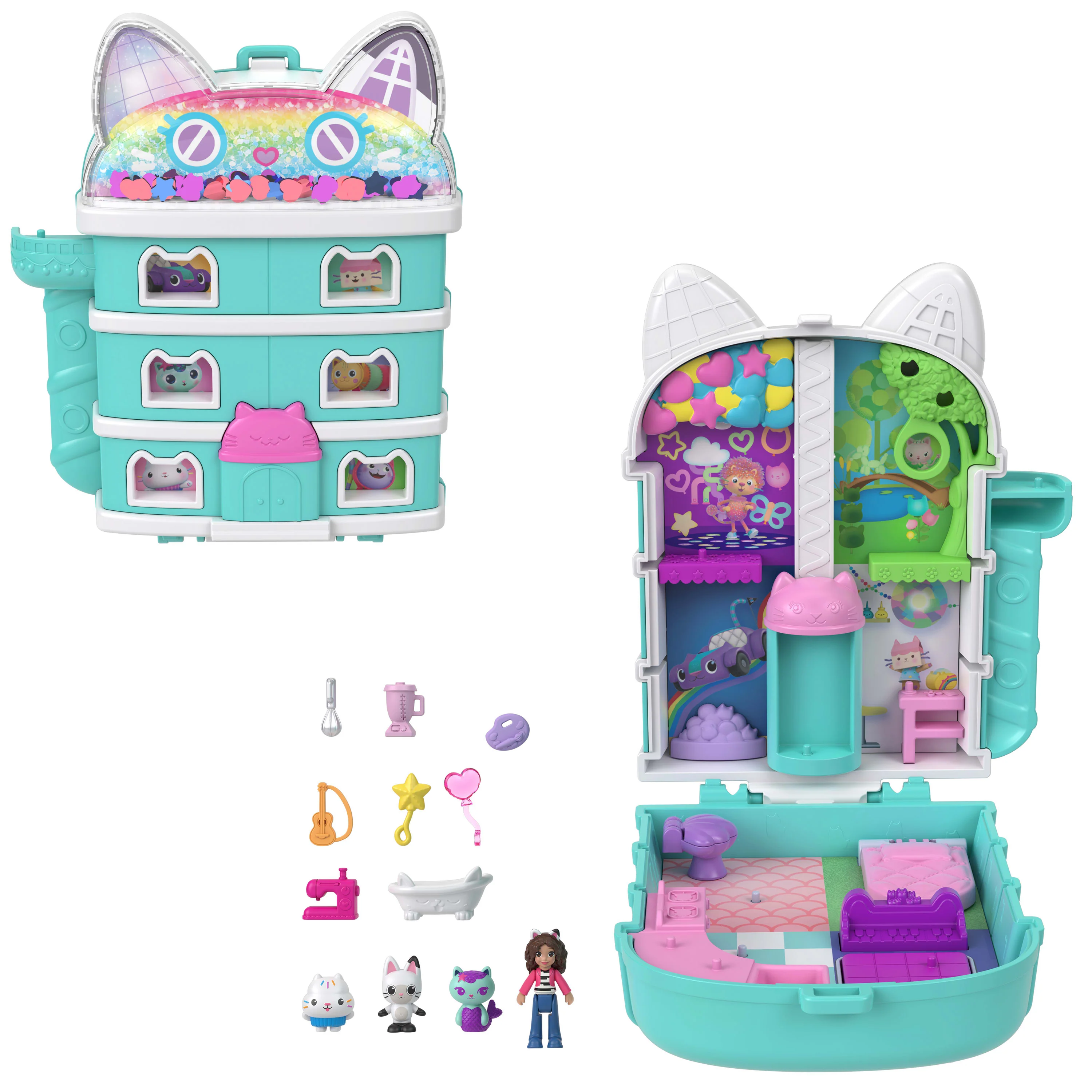 Polly Pocket Micro Dolls And Playset, Gabby's Dollhouse Compact With 9 Accessories & Pet Cat Friends