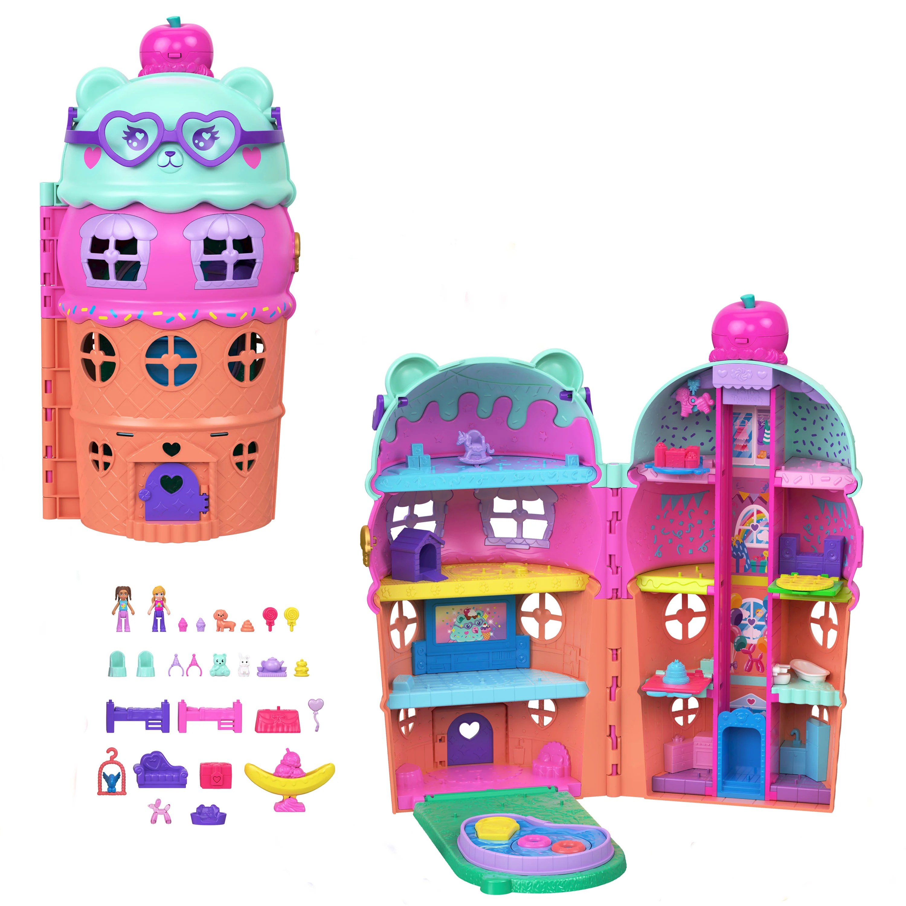 Polly Pocket Dolls And Playset, Gelato House With Elevator, Ice Cream Theme With 25+ Accessories Including Furniture And Pets
