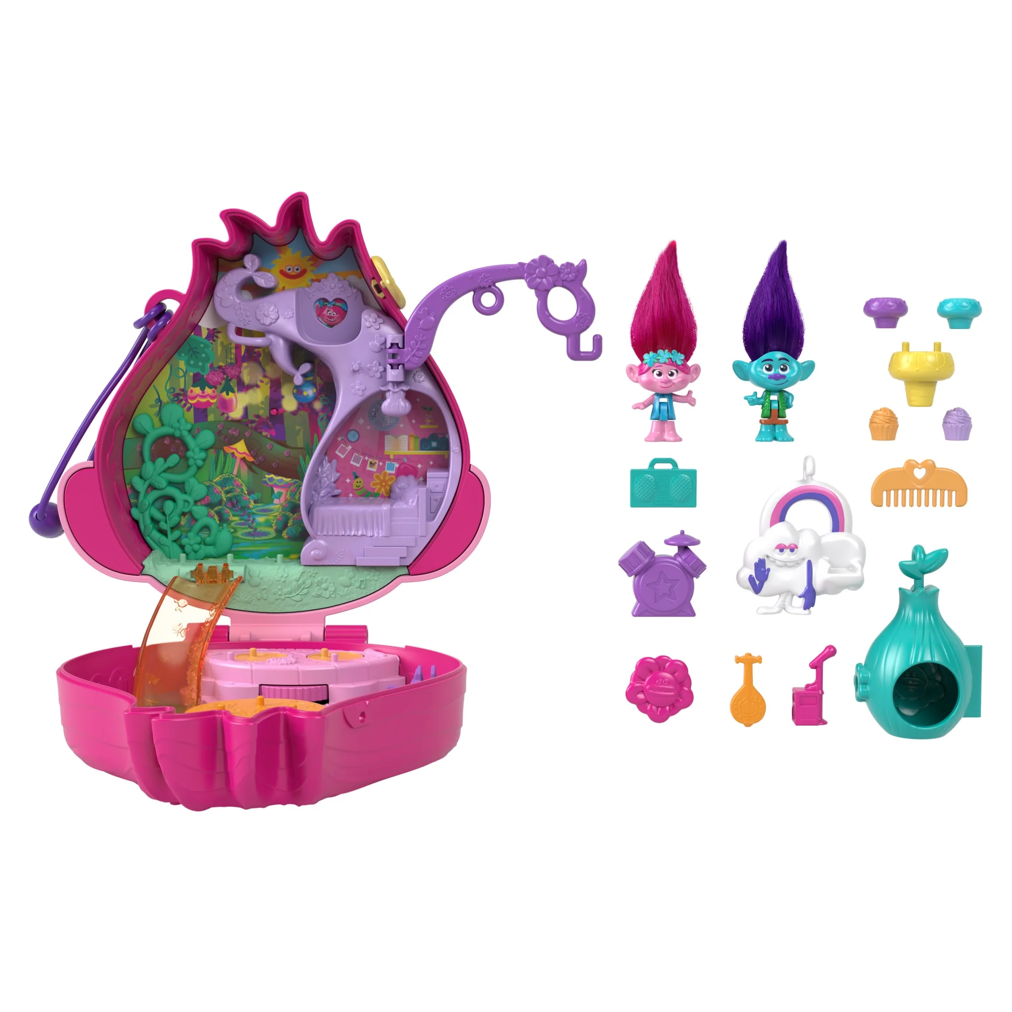 Polly Pocket & Dreamworks Trolls Compact Playset With Poppy & Branch Dolls & 13 Accessories - Image 3