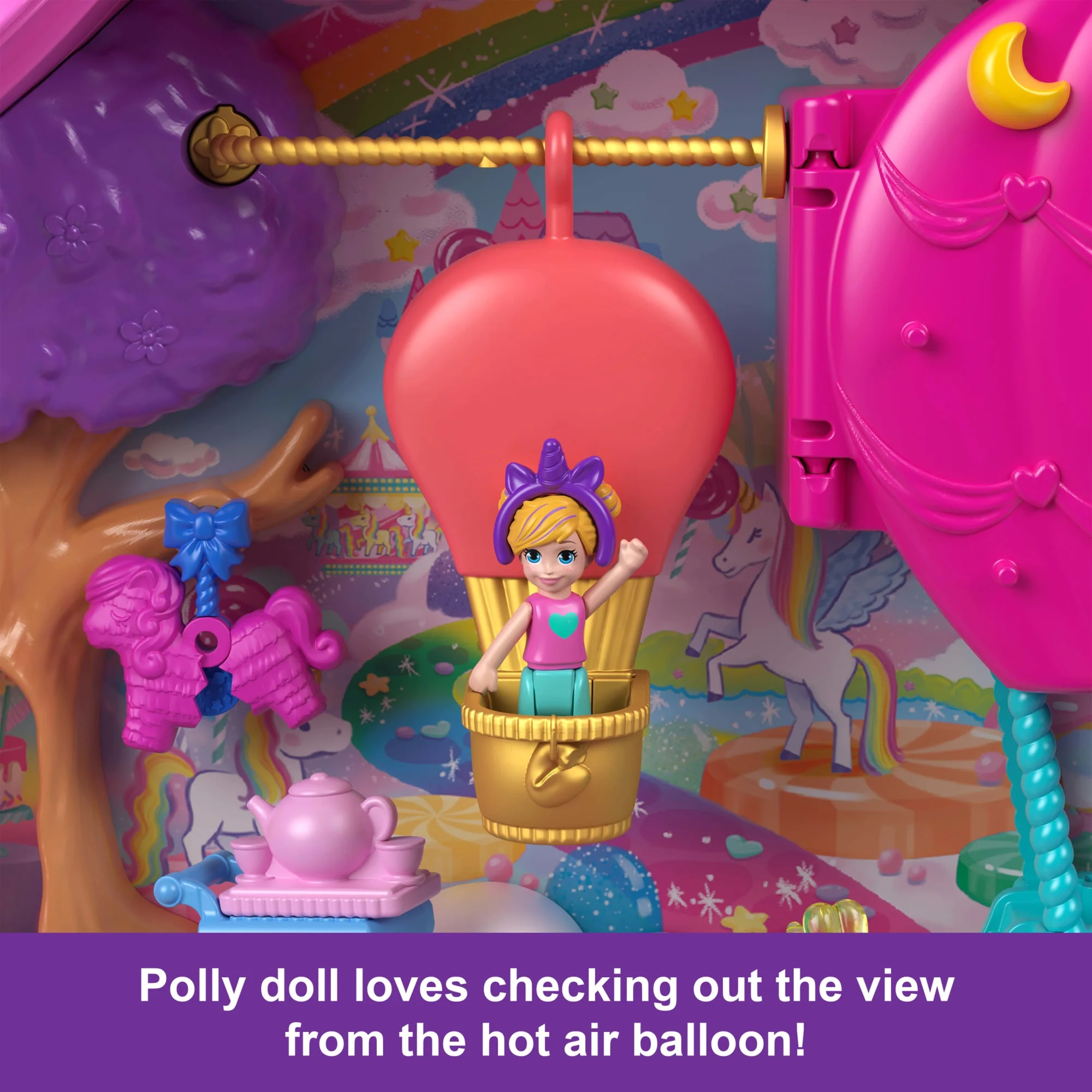 Polly Pocket Unicorn Partyland Playset With 2 Micro Dolls, Pets & 25+ Surprise Accessories, Birthday Celebration With Hot AIr Balloon Ride - Image 4