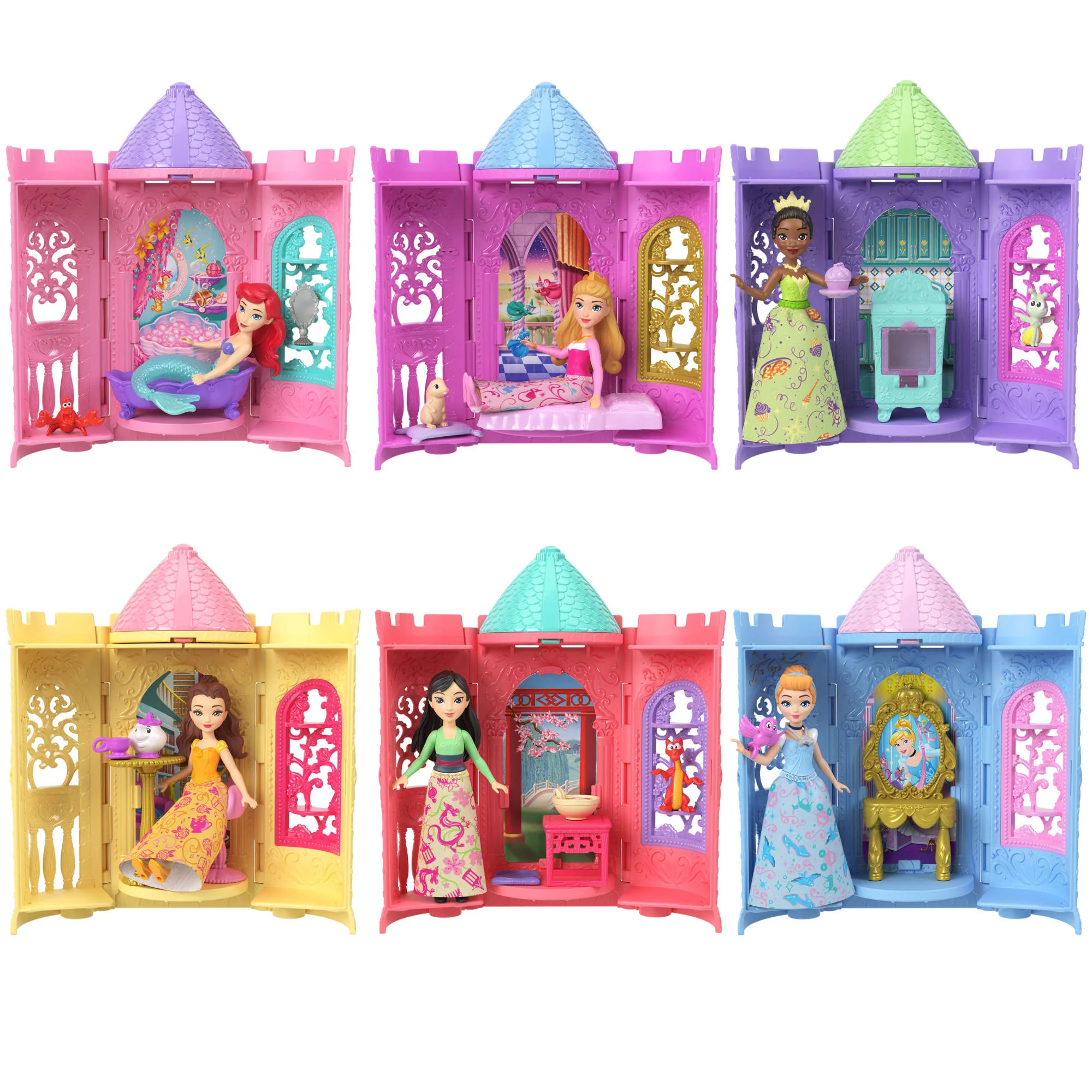Princesses Disney Tourelle Surprise Petite Poupée, 5 Surprises