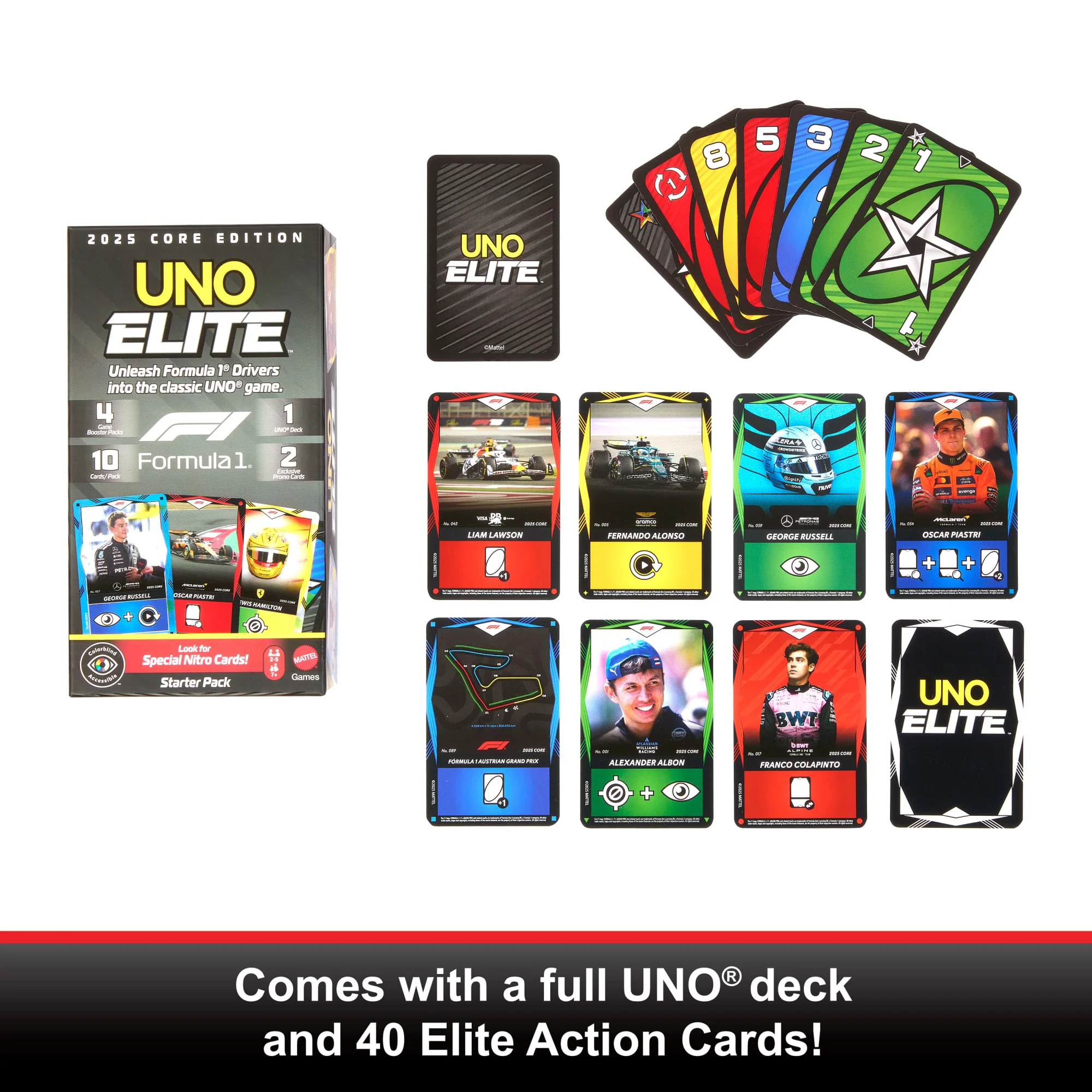 UNO Elite Formula 1 2025 Core Edition Starter Pack Card Game With 4 Game Booster Packs & 2 Promo Cards - Image 2