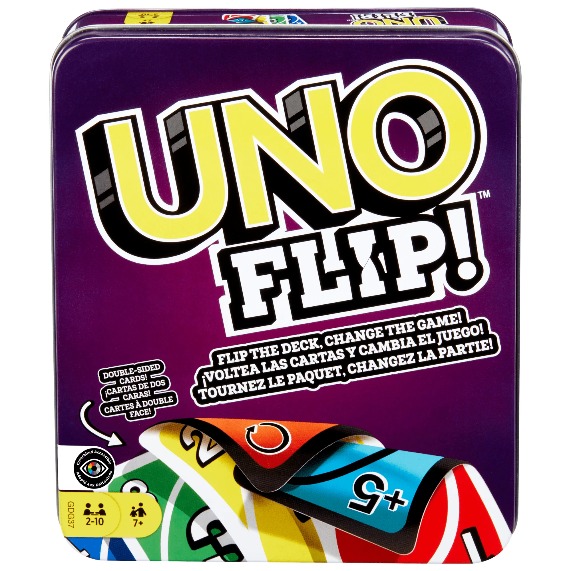 UNO Flip! Card Game in Storage & Travel Tin, Color Blind Accessible Deck For Kids & Families